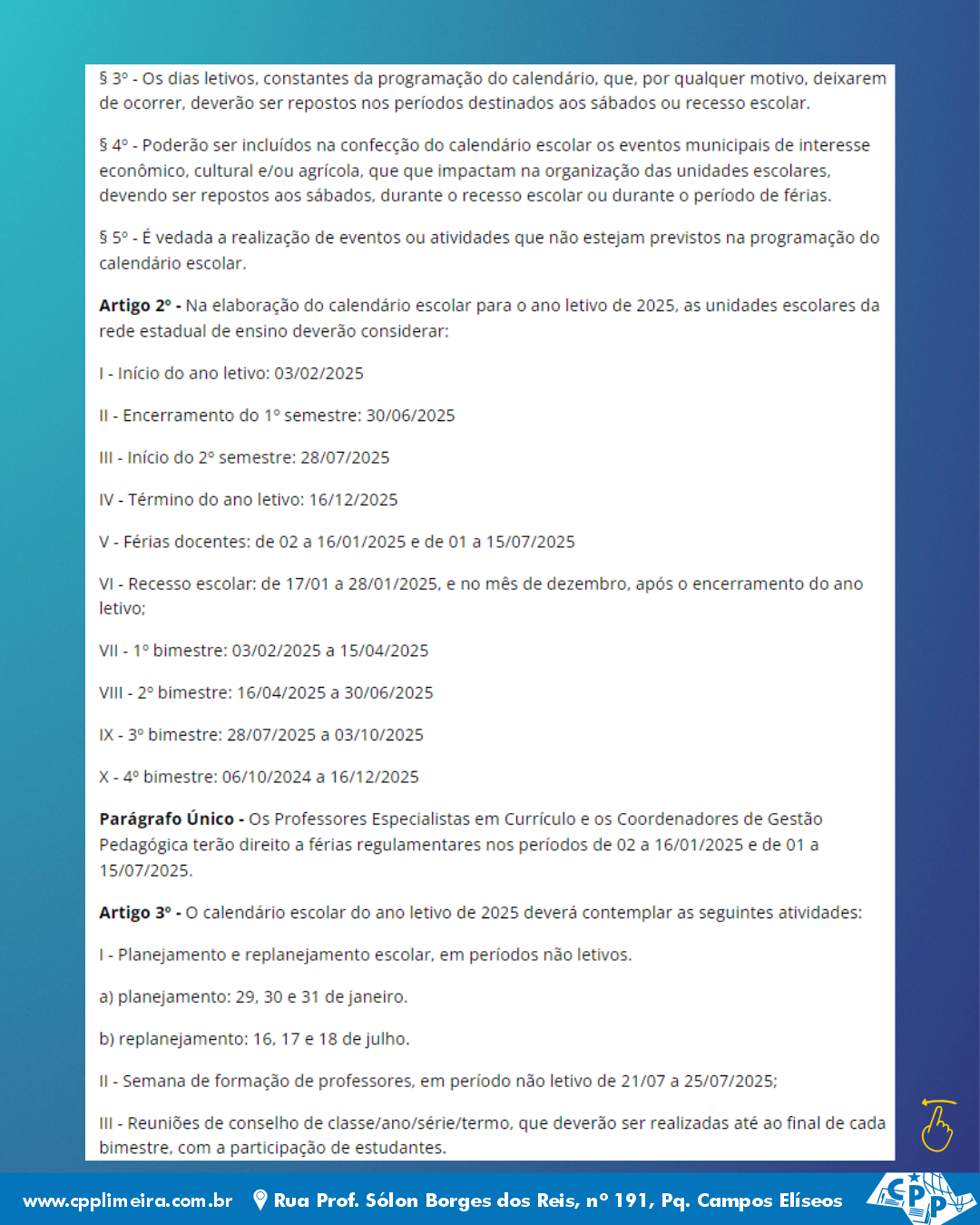 16.08.2024 - Comunicado - Calendário 2025 - P4 - Cpp Limeira | Calendário Escolar 2025 Limeira Sp