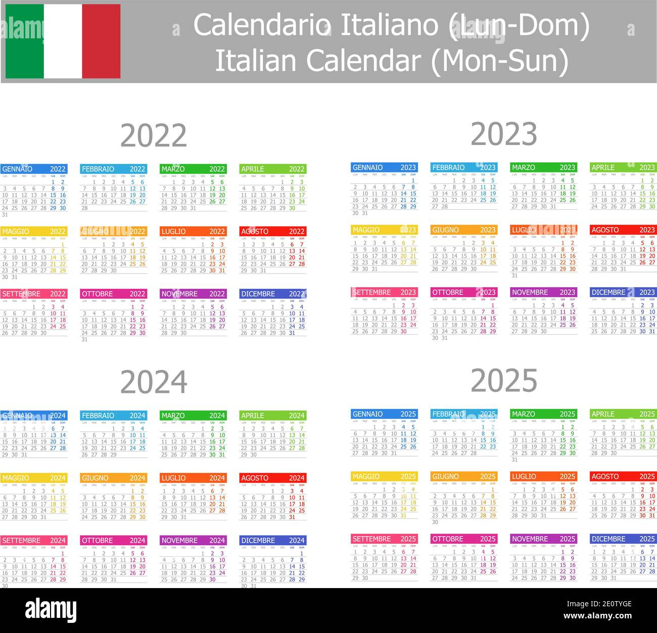 2022-2025 Italienischer Typ-1 Kalender Mo-So Auf Weißem | Calendário 2022 A 2025