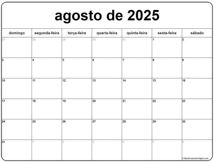 Calendário de Agosto de 2025