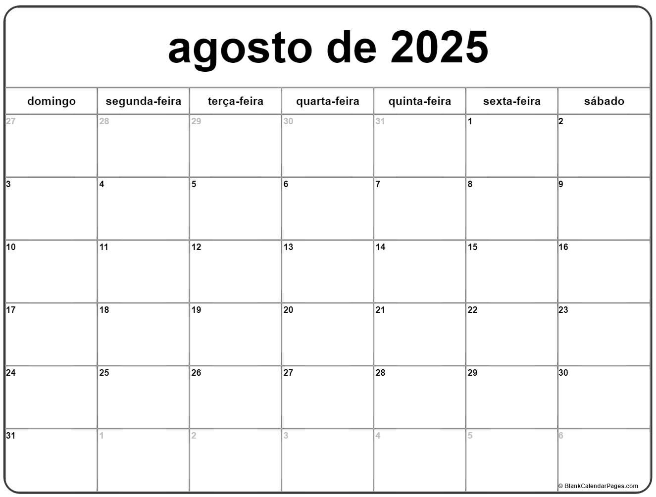 Agosto De 2025 Calendario Grátis Em Português | Calendario Agosto | Calendário De Agosto De 2025