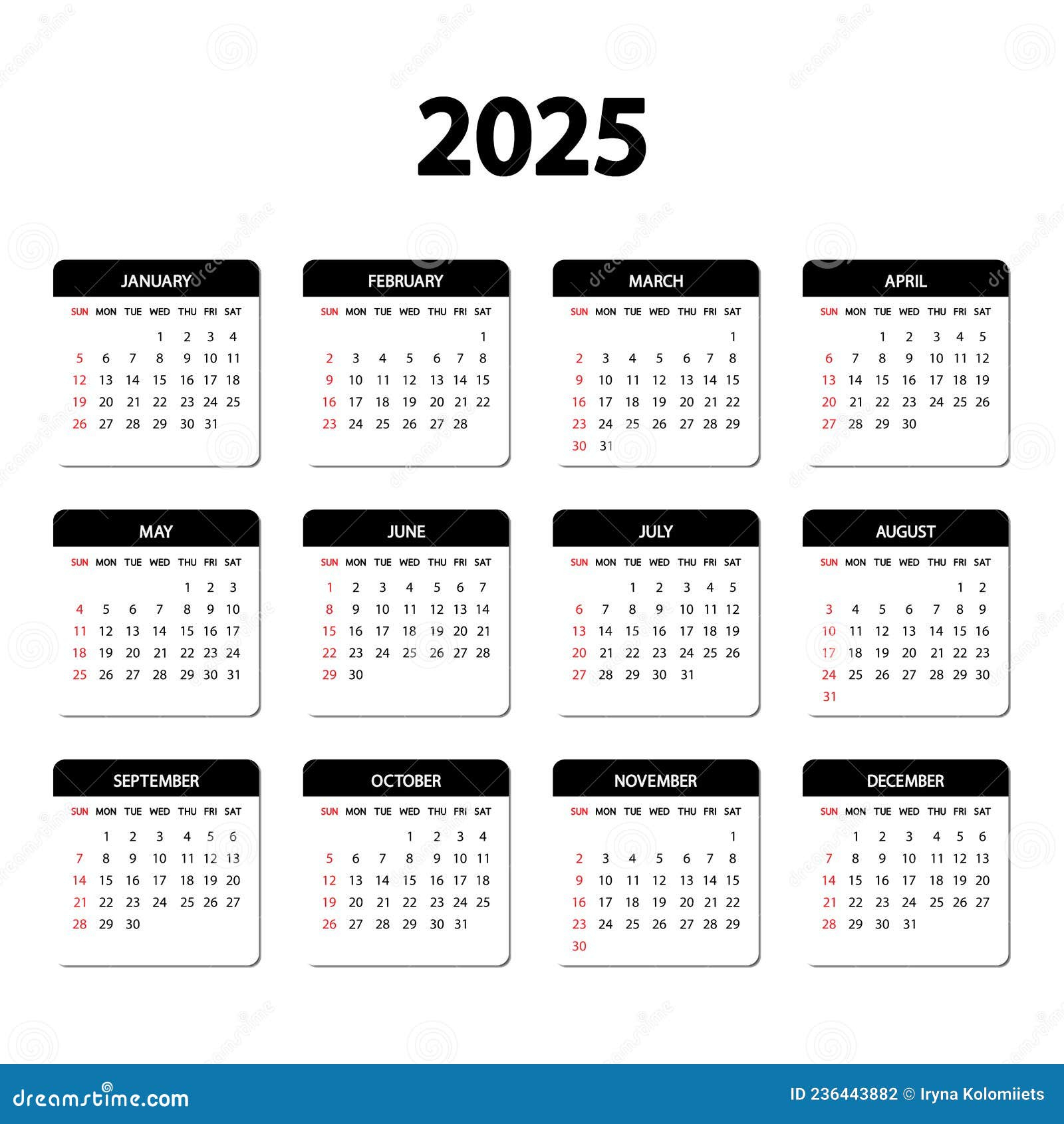 Ano Civil De 2025. A Semana Começa Domingo. Modelo Anual De | Calendário 2025 com Semana