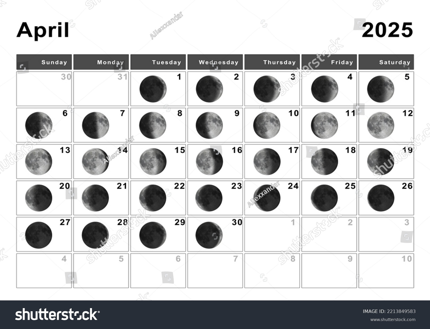 April 2025 Mondkalender, Mondzyklen, Mondphasen: Stockillustration | Calendário Lunar 2025 Abril