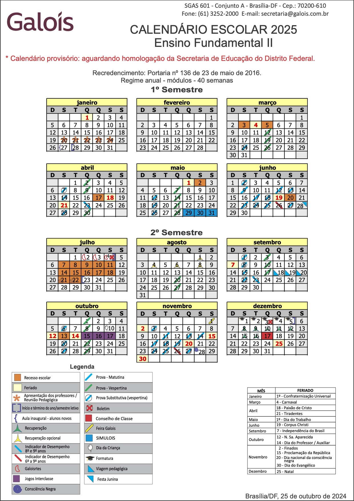 Calendário 2025 - Anos Finais - Colégio Galois | Calendário Escolar 2025 Df Escolas Particulares