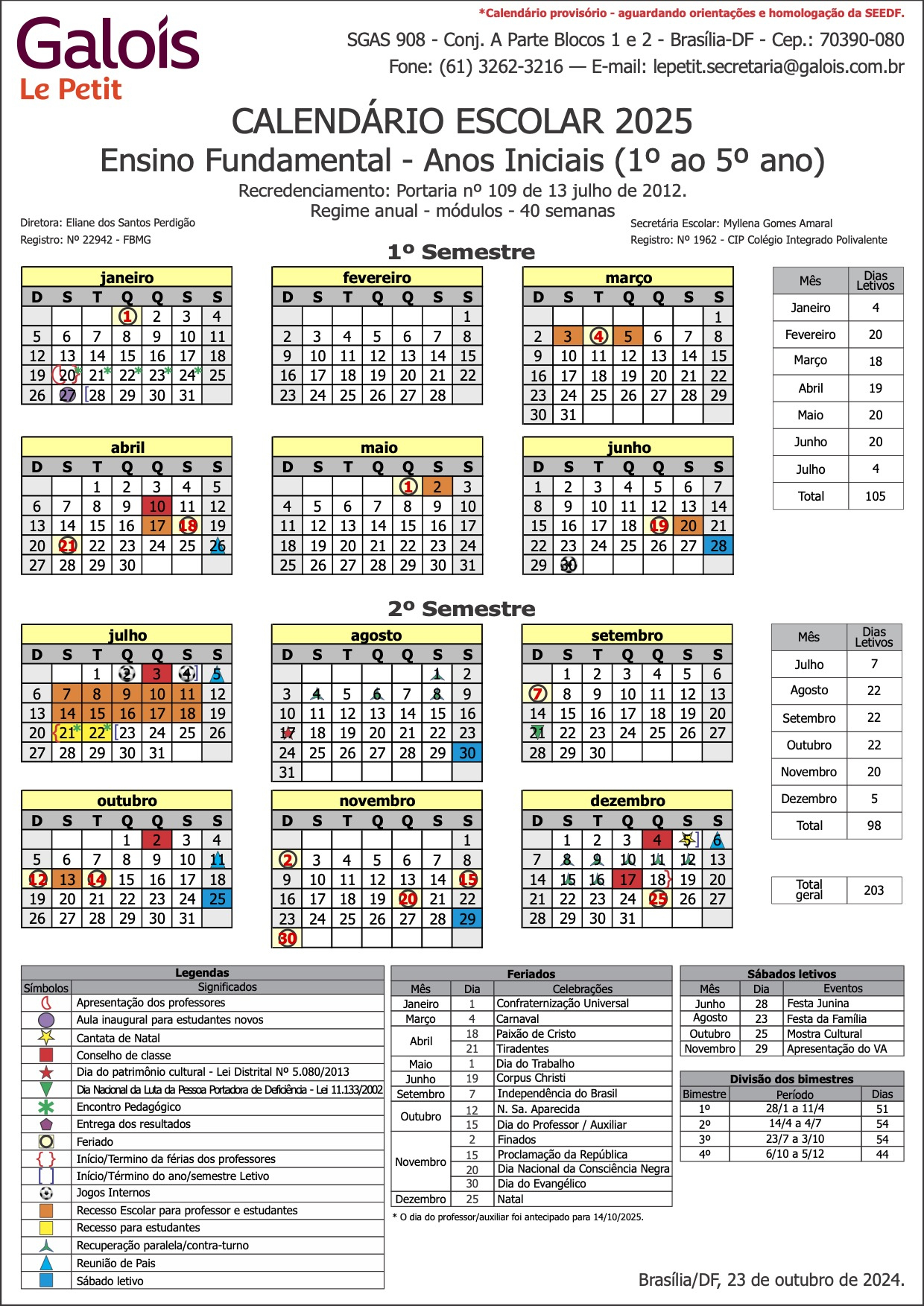 Calendário 2025 - Anos Iniciais - Colégio Galois | Calendário Escolar 2025 Df