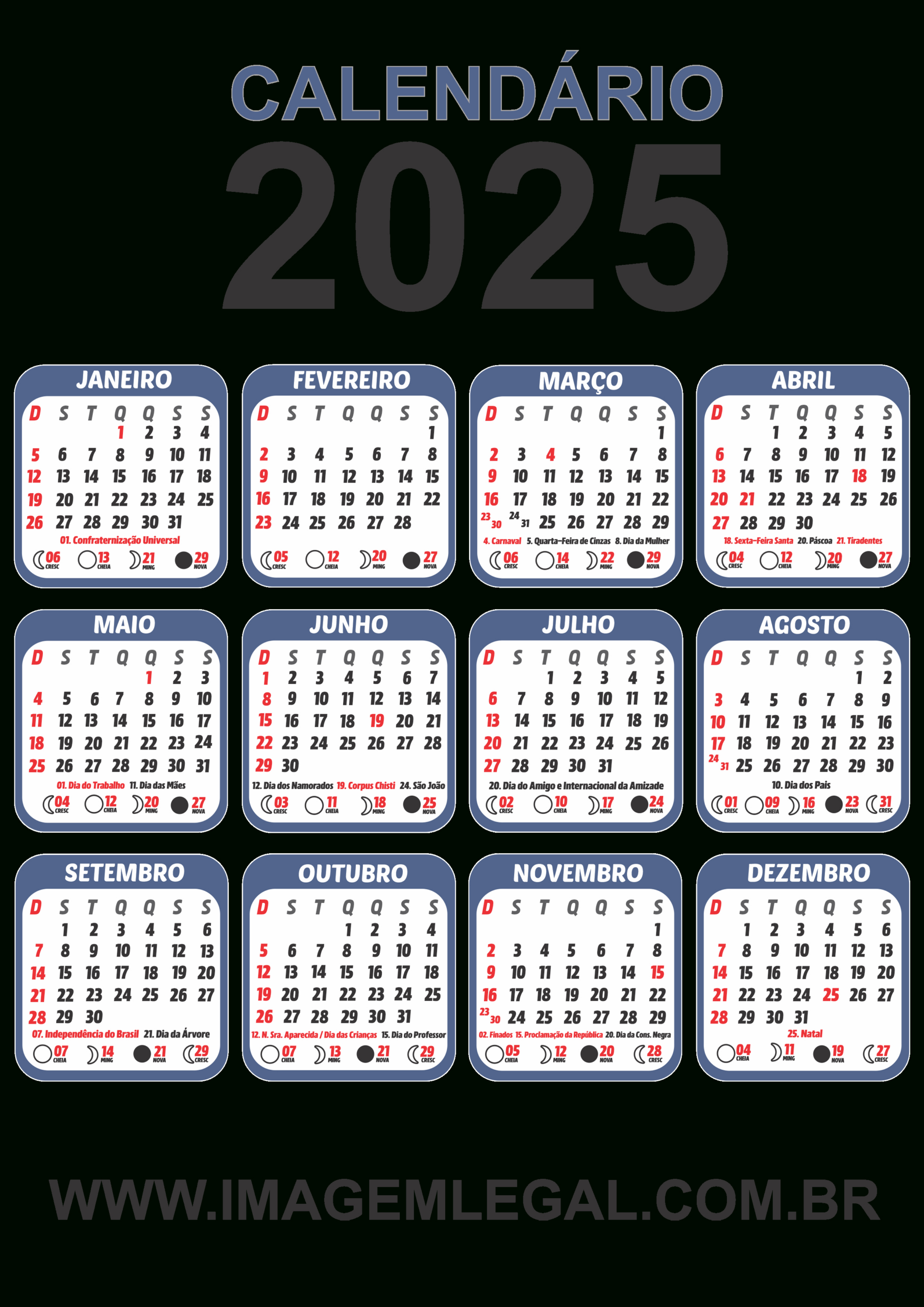 Calendário 2025 Azul Marinho Para Imprimir - Imagem Legal | Calendário 2025 para Impressão