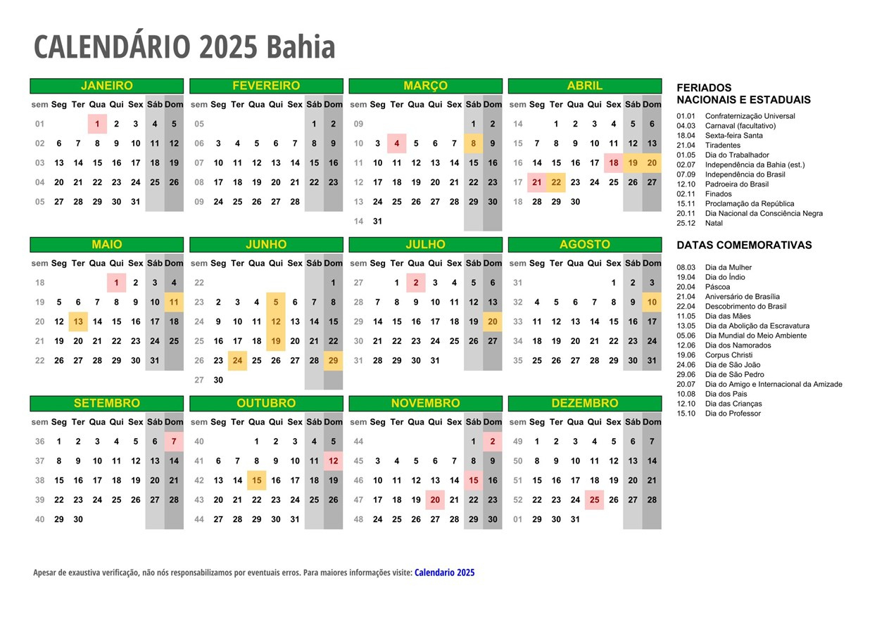 Calendário 2025 Bahia - Com Feriados | Calendário 2025 com Feriados Bahia