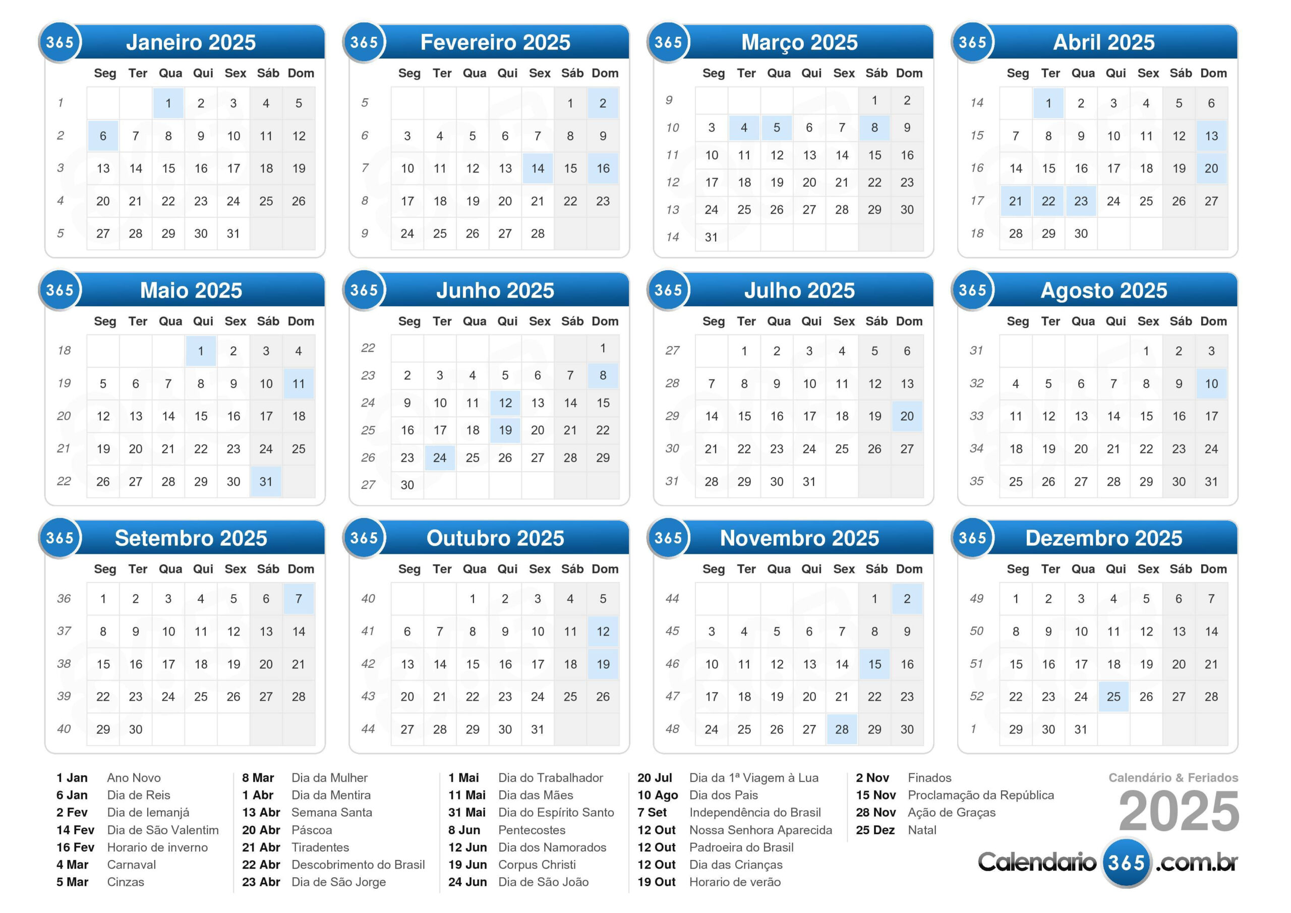 Calendário 2025 | Calendário 2025 com Feriados e Fases Da Lua