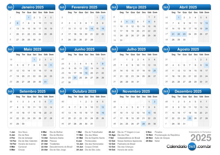 Calendário 2025 com Feriados e Luas