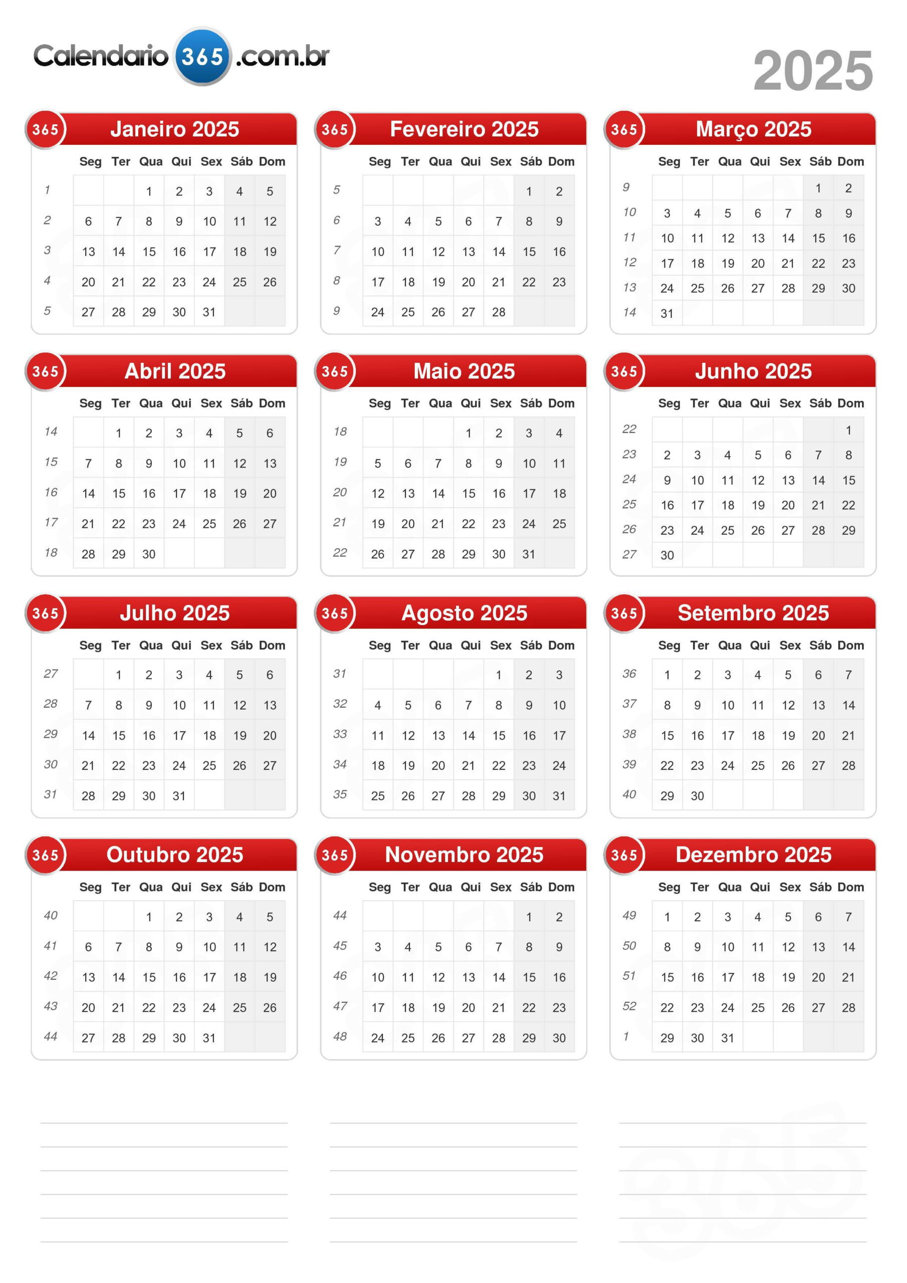 Calendário 2025 | Calendário 2025 com Semana