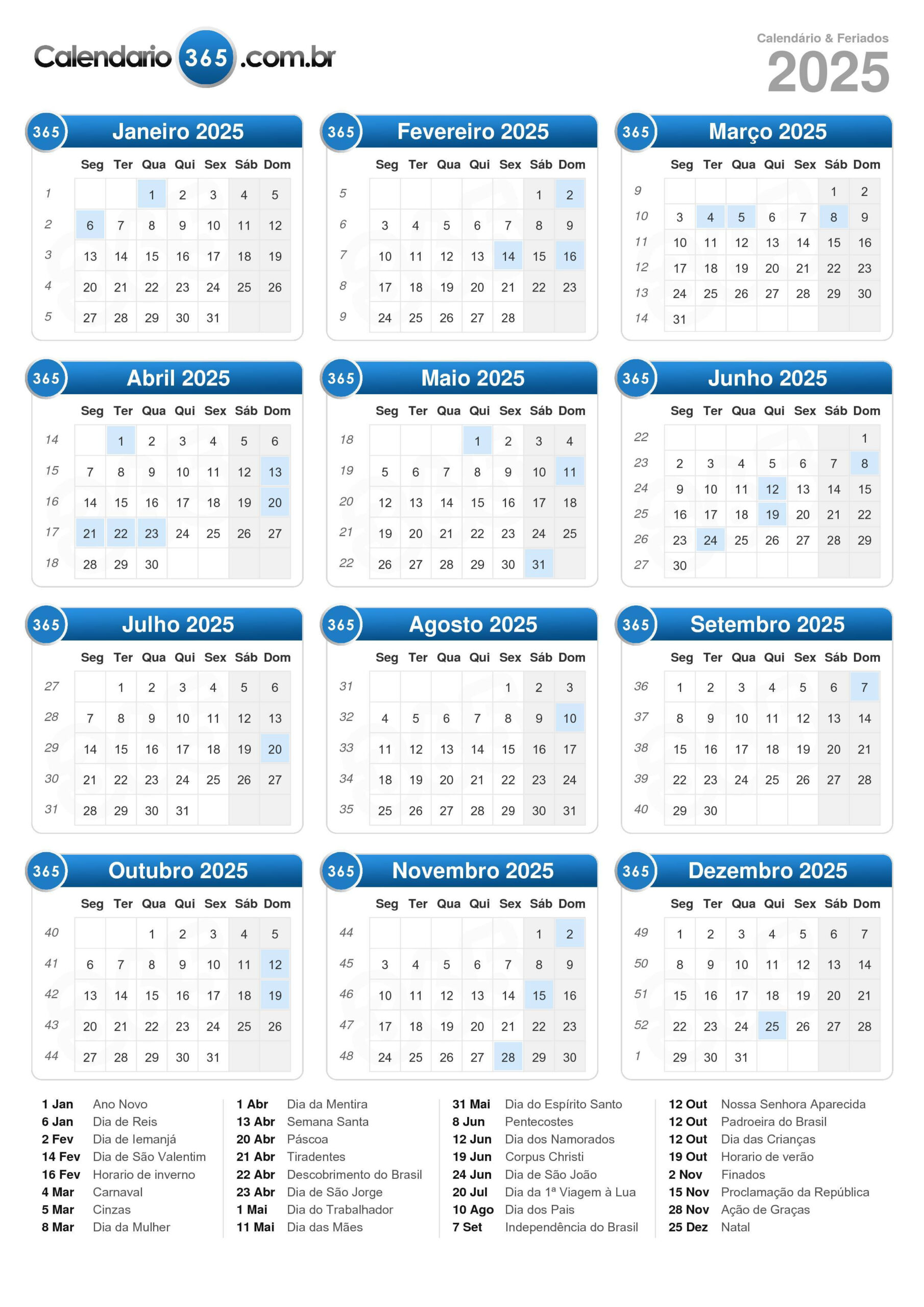 Calendário 2025 | Calendario 2025 Feriados Brasil