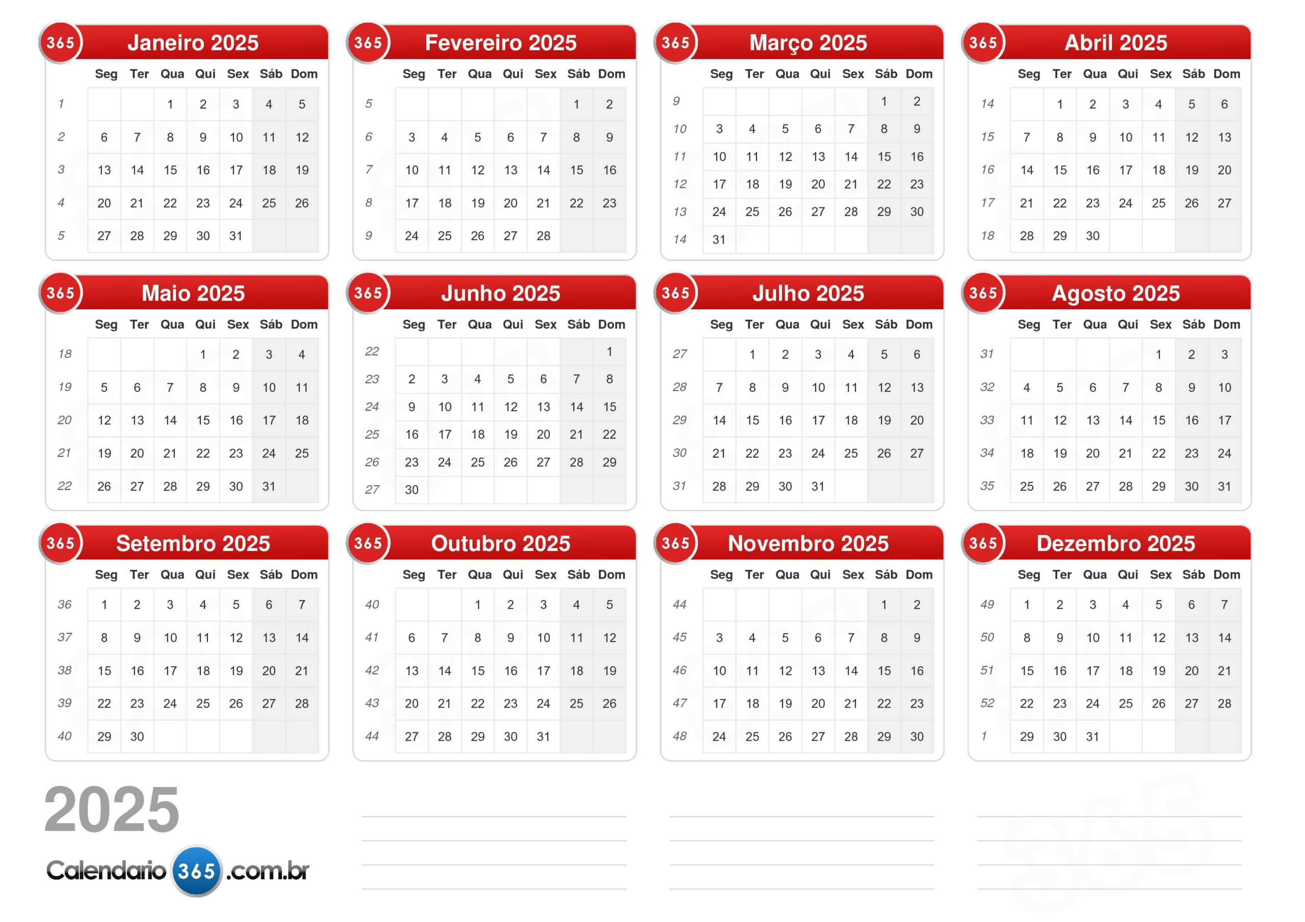 Calendário 2025 | Calendário com Semanas 2025