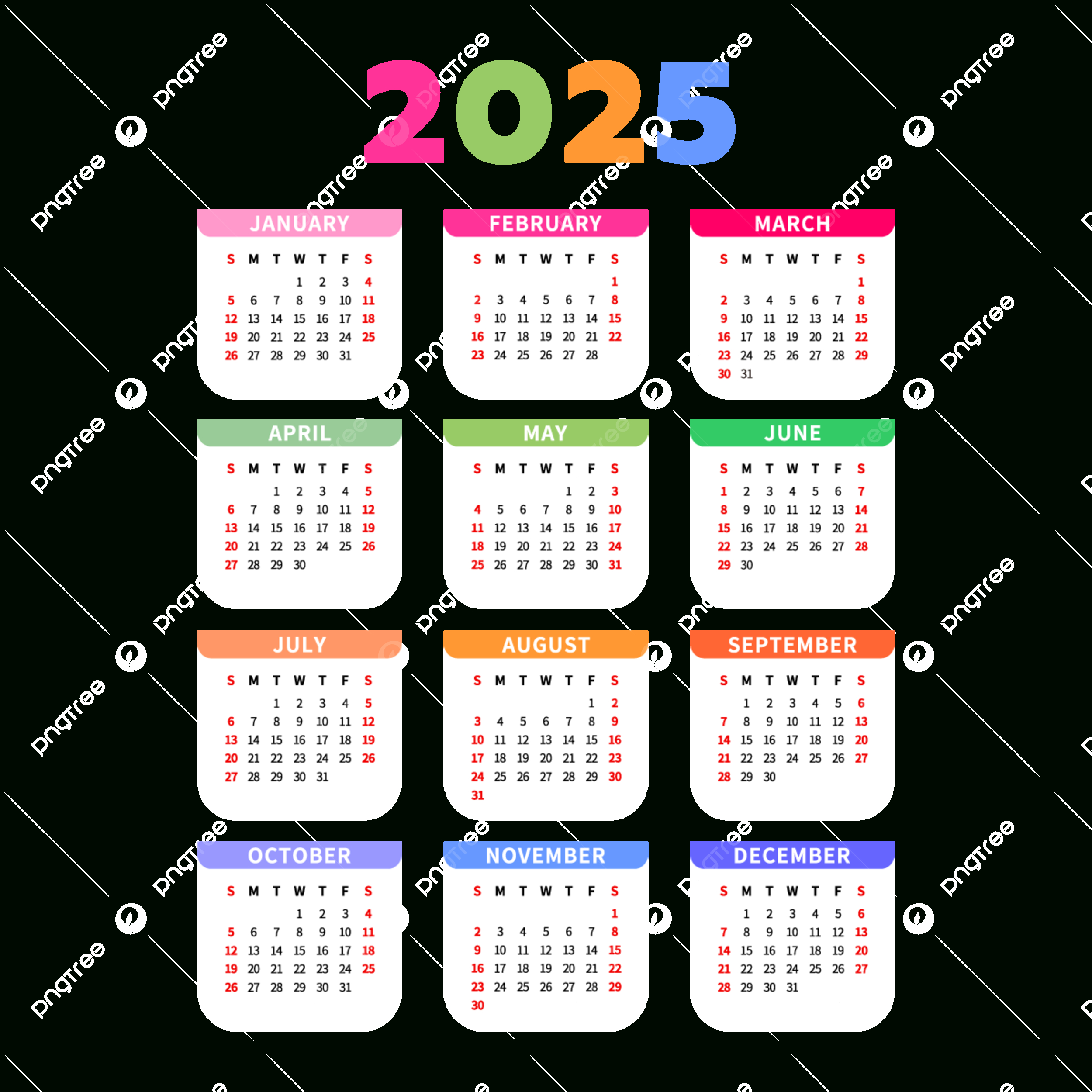 Calendário 2025 Calendário De Cores Vetor Png , Calendário, 2025 | Calendário 2025 Com Feriados Png