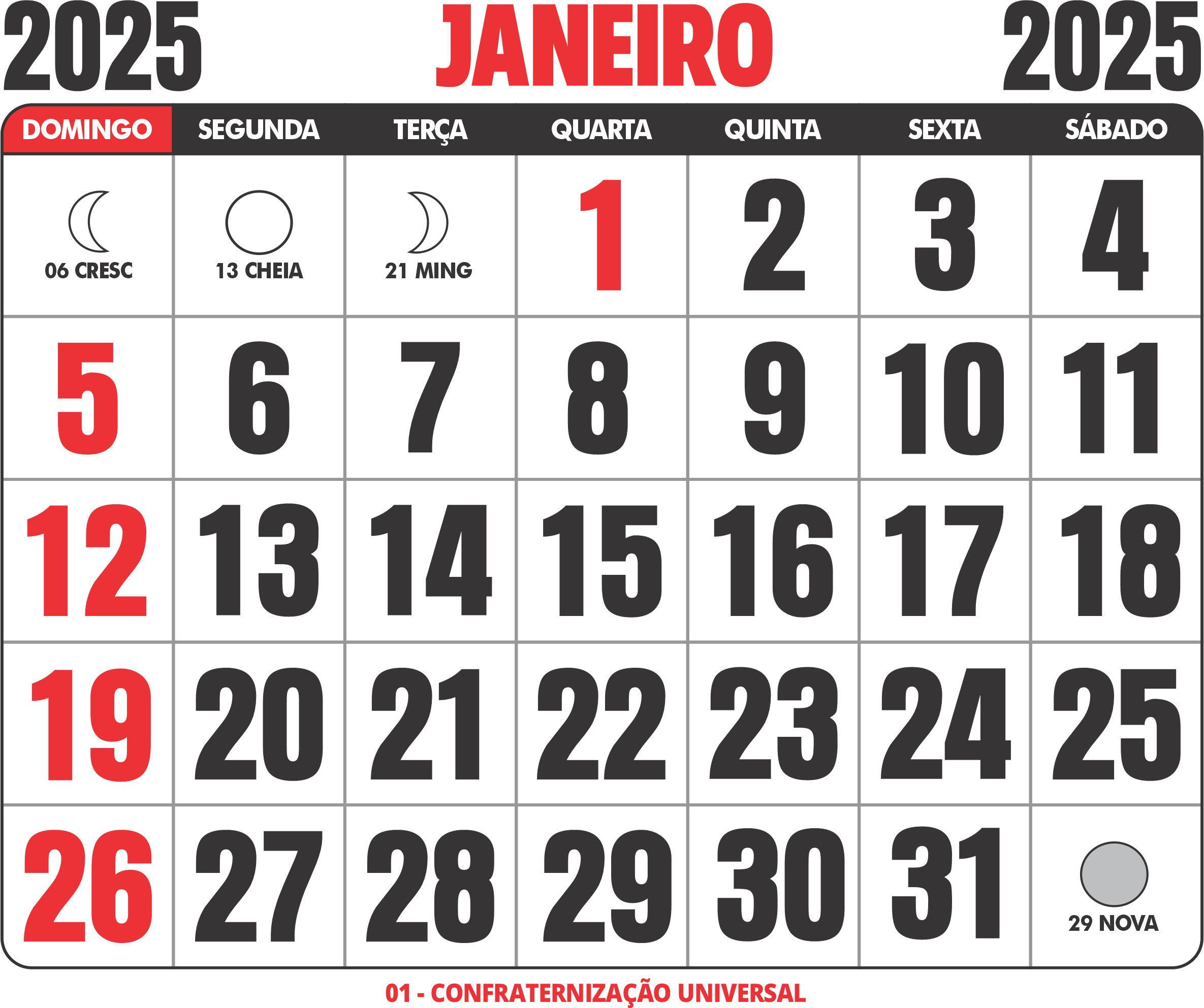 Calendário 2025 Com Feriados Para Imprimir Grátis Em Png - Imagem | Calendário Janeiro 2025 Brasil