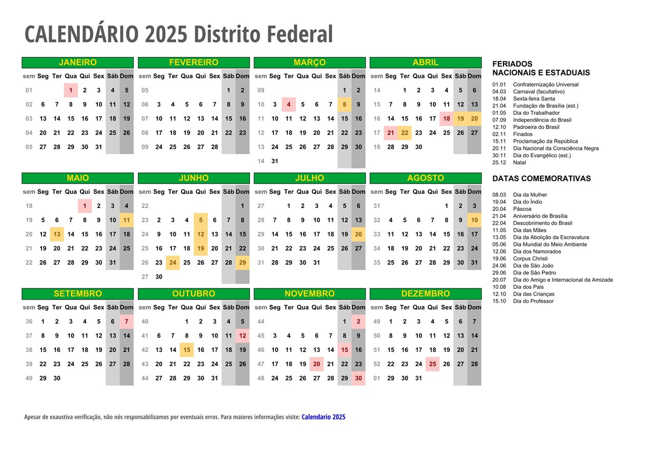 Calendário 2025 Distrito Federal - Com Feriados | Calendário 2025 Com Feriados Df