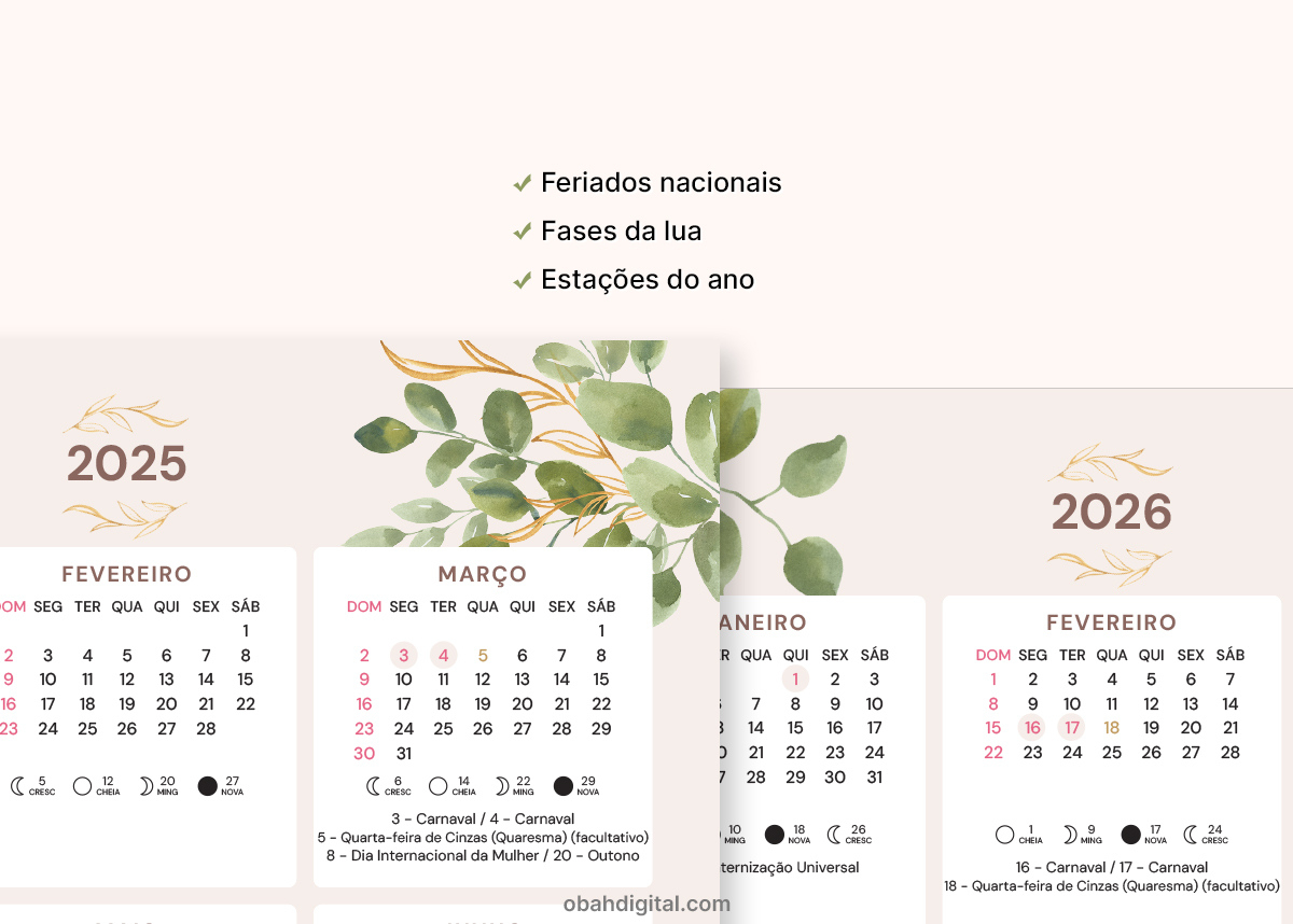 Calendário 2025 E 2026 Para Imprimir A4 | Calendário 2025 e 2026