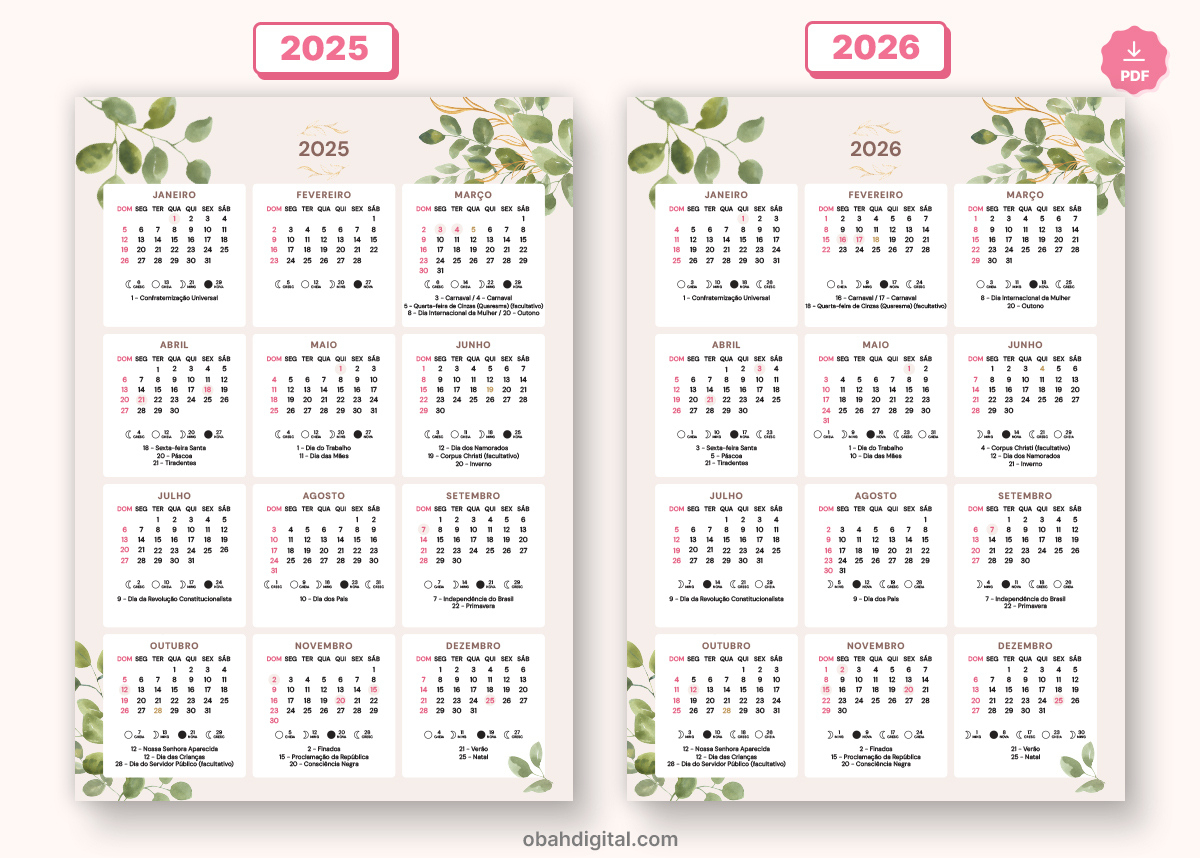 Calendário 2025 E 2026 Para Imprimir A4 | Calendário 2025 E 2026