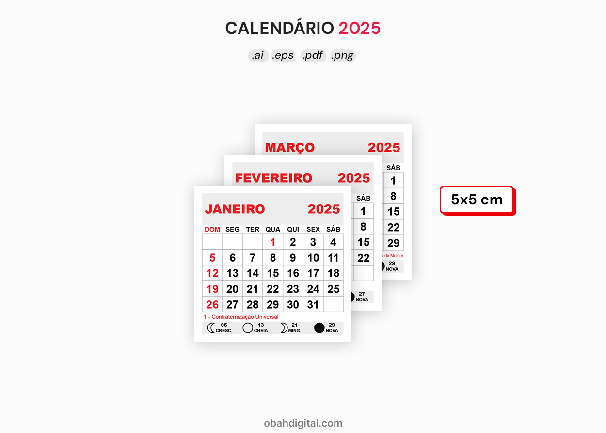 Calendário 2025 Editável 5X5Cm (Ai, Eps, Pdf, Png) | Mini Calendário 5x5 Cm Ano 2025