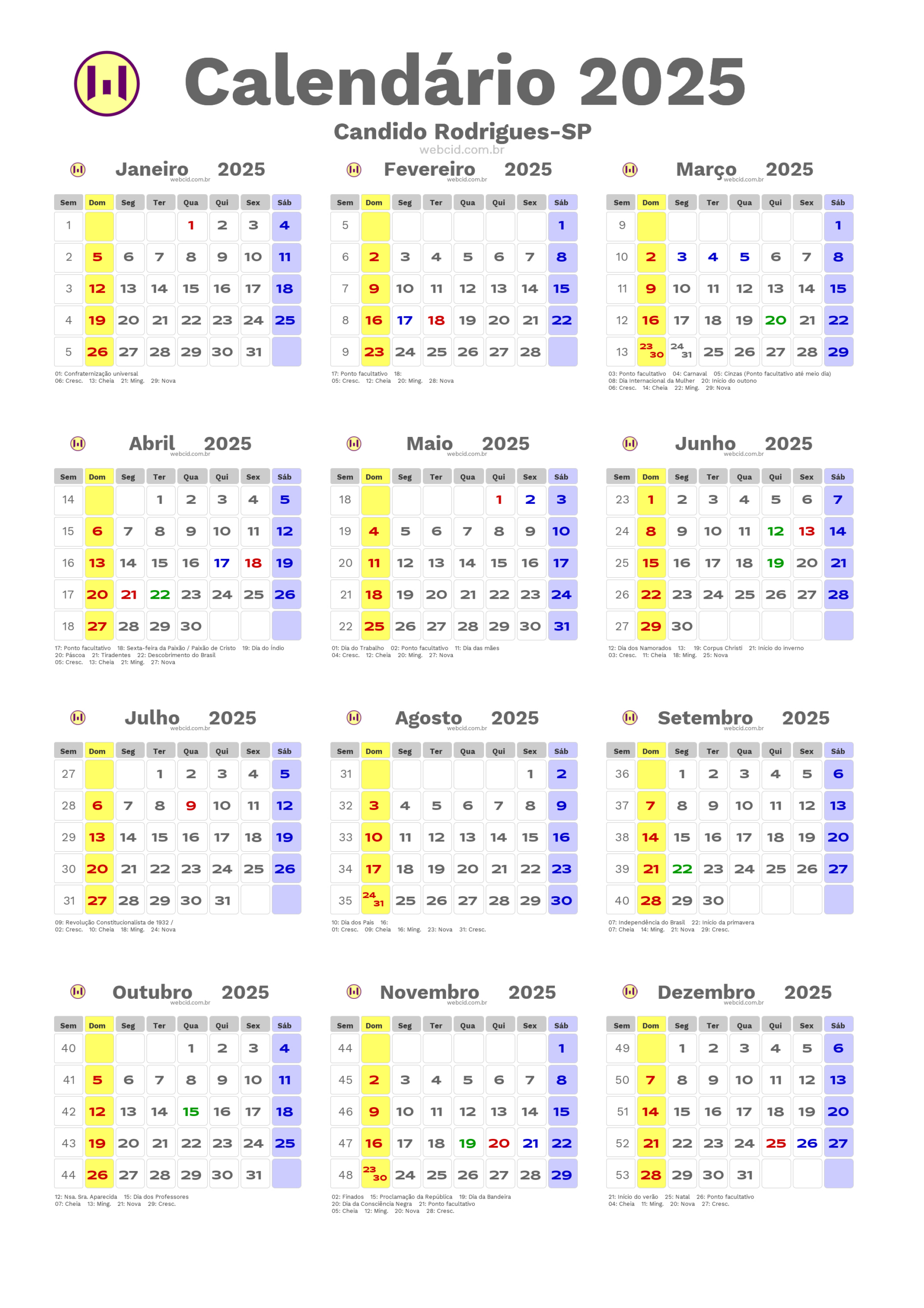 Calendário 2025 Em Formato Png - Candido Rodrigues-Sp | Calendário 2025 com Feriados Sp