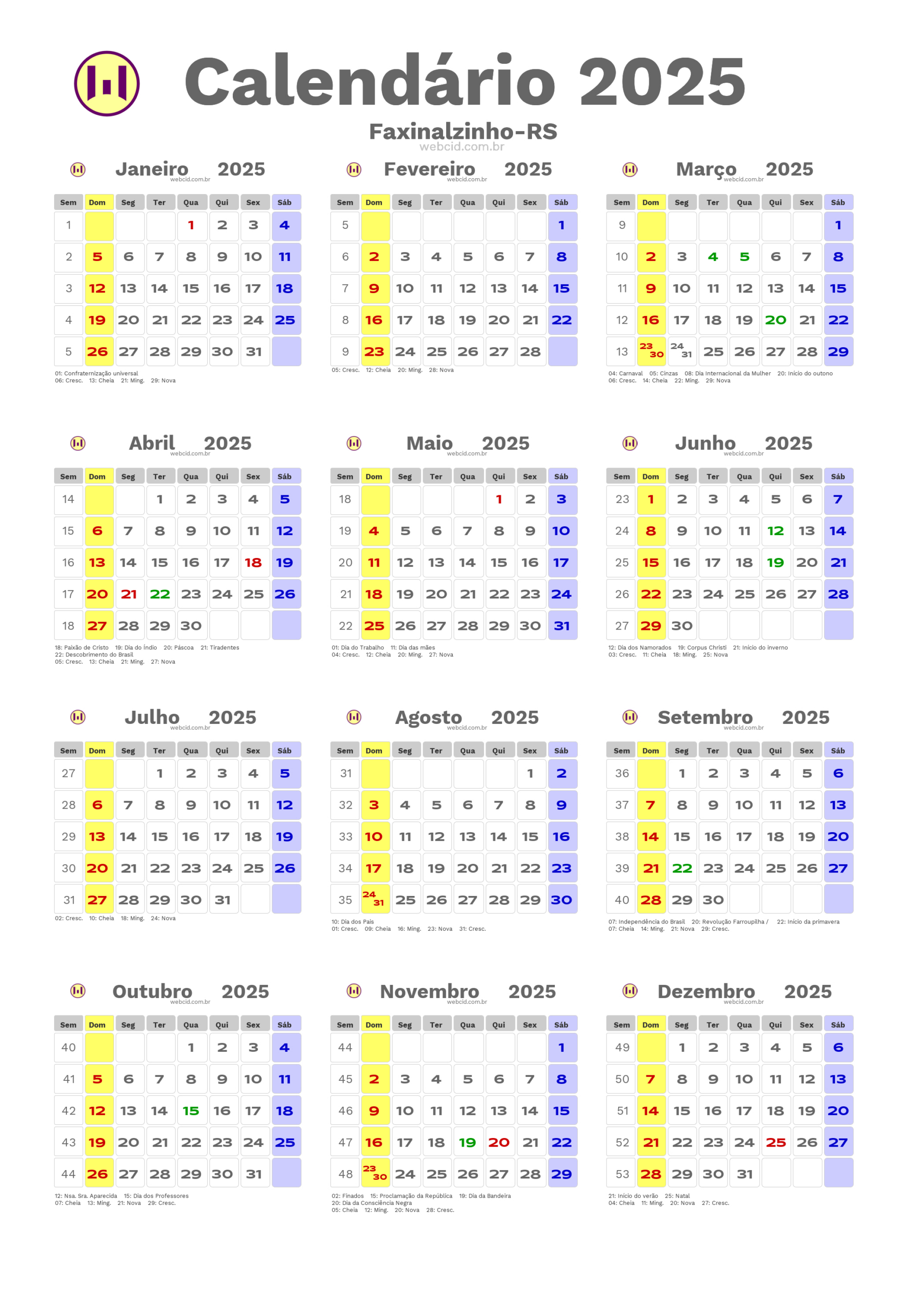 Calendário 2025 Em Formato Png - Faxinalzinho-Rs | Calendário 2025 Com Feriados Rs