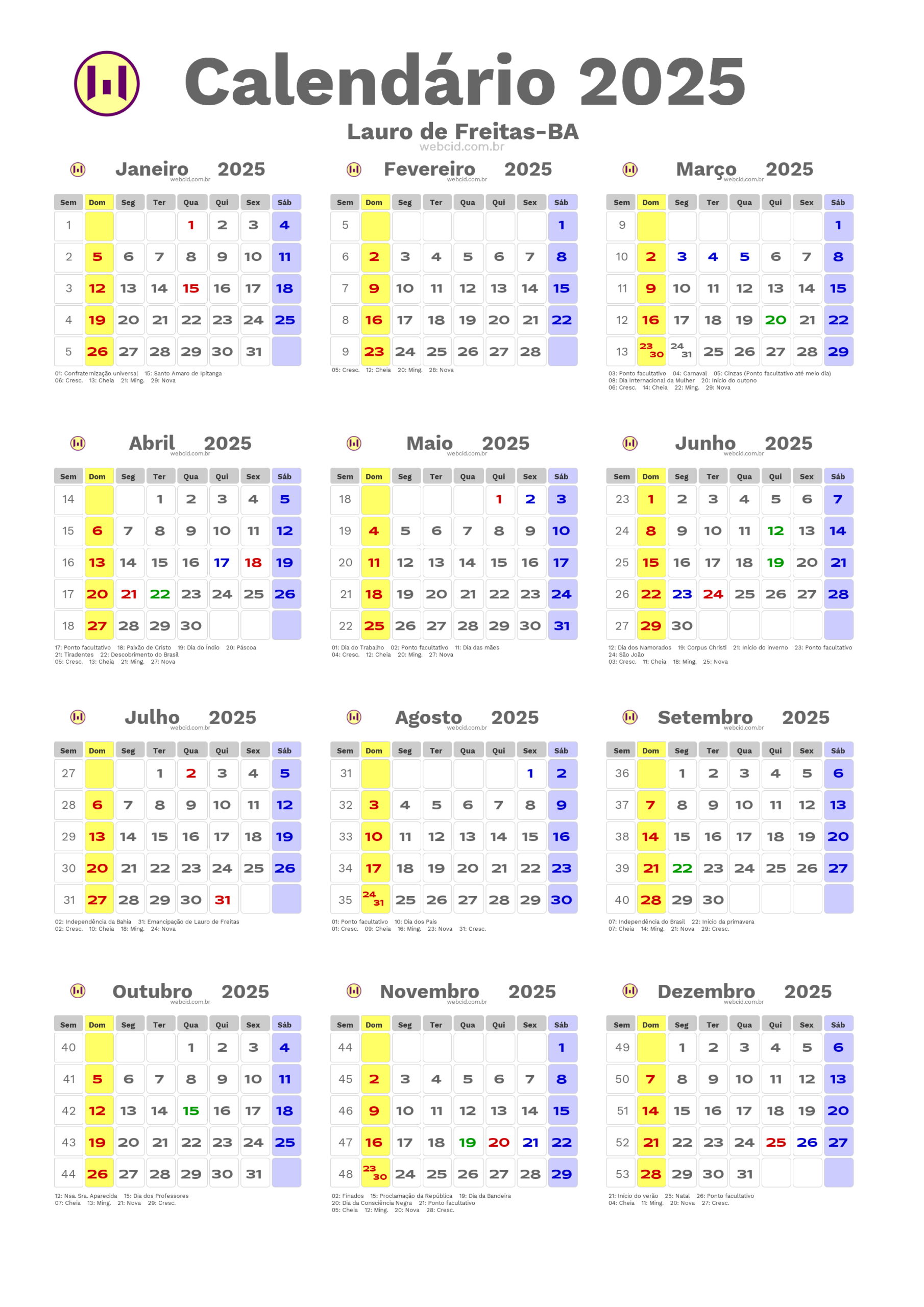 Calendário 2025 Em Formato Png - Lauro De Freitas-Ba | Calendário 2025 com Feriados Bahia