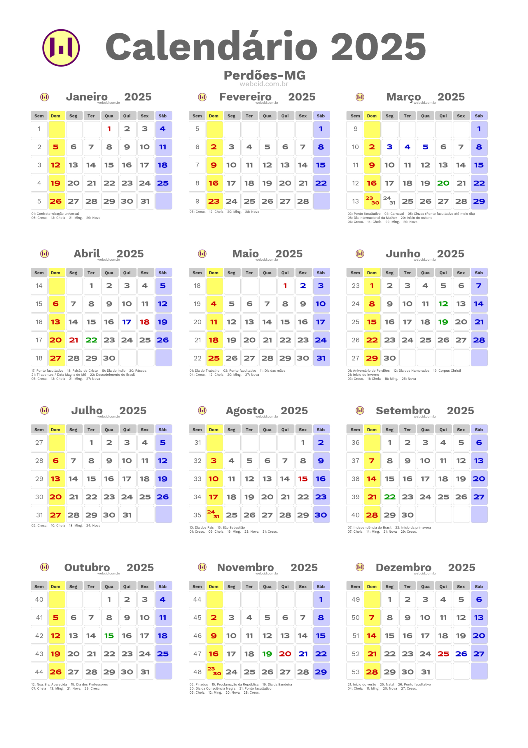 Calendário 2025 Em Formato Png - Perdões-Mg | Calendário 2025 com Feriados Mg