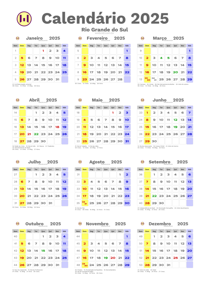 Calendário 2025 com Feriados Rio Grande do Sul