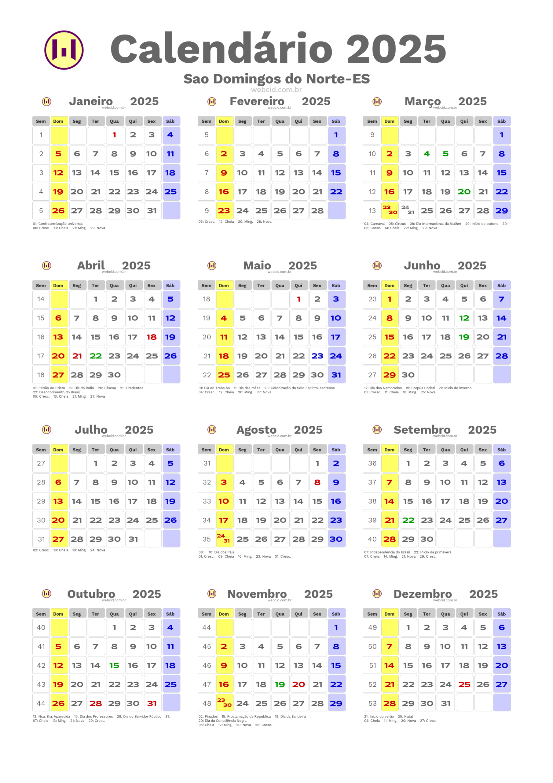 Calendário 2025 Em Formato Png - Sao Domingos Do Norte-Es | Calendário 2025 Com Feriados Espirito Santo