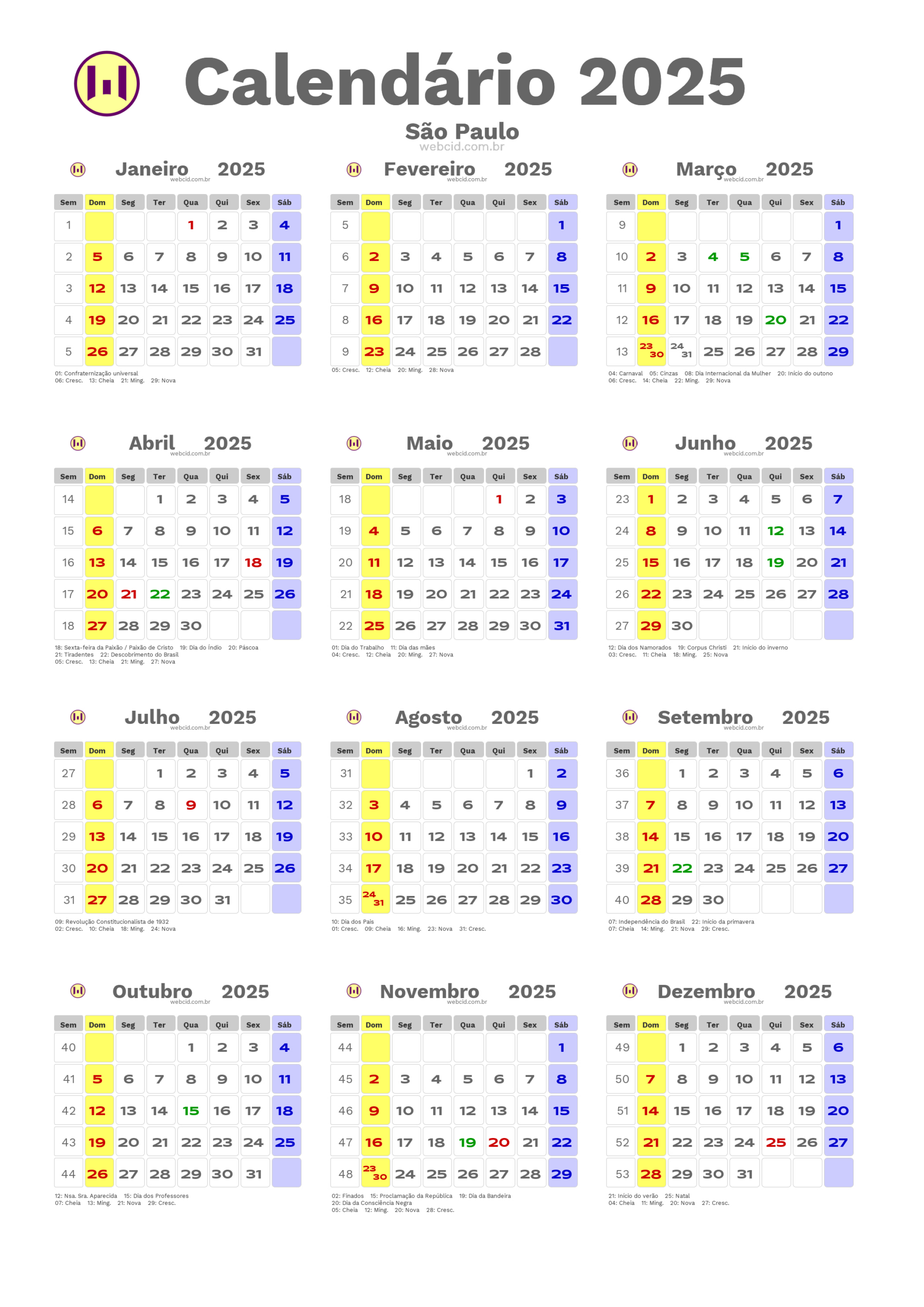 Calendário 2025 Em Formato Png - São Paulo | Calendário 2025 Com Feriados Municipais