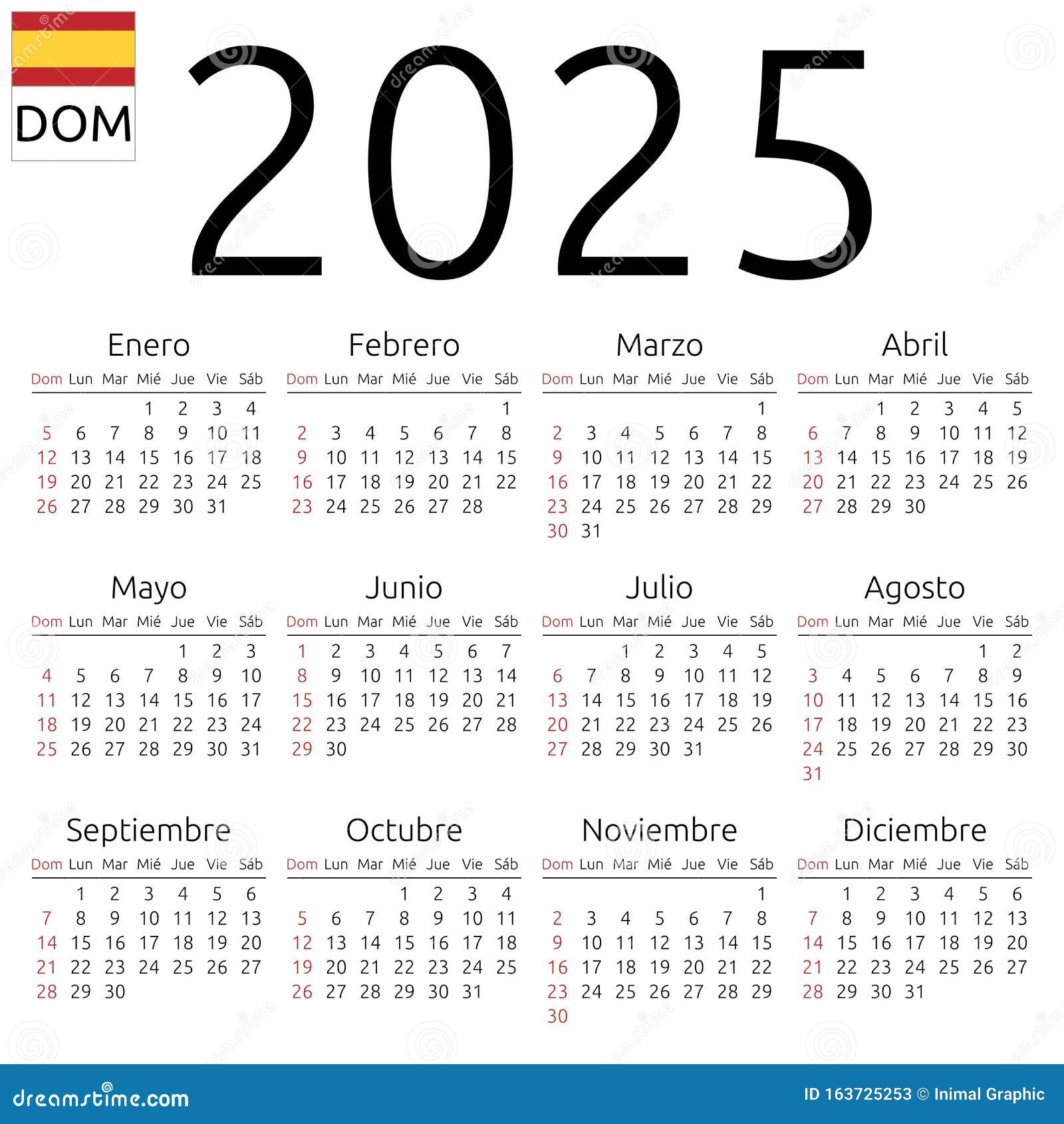 Calendário 2025, Espanhol, Domingo Ilustração Do Vetor | Calendário Ano de 2025