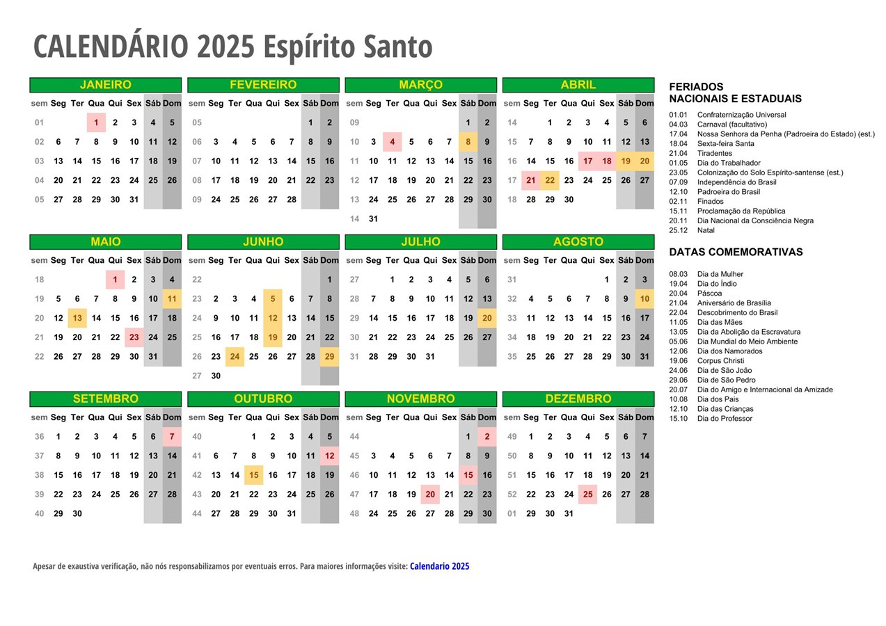 Calendário 2025 Espírito Santo - Com Feriados | Calendário 2025 Com Feriados Espirito Santo