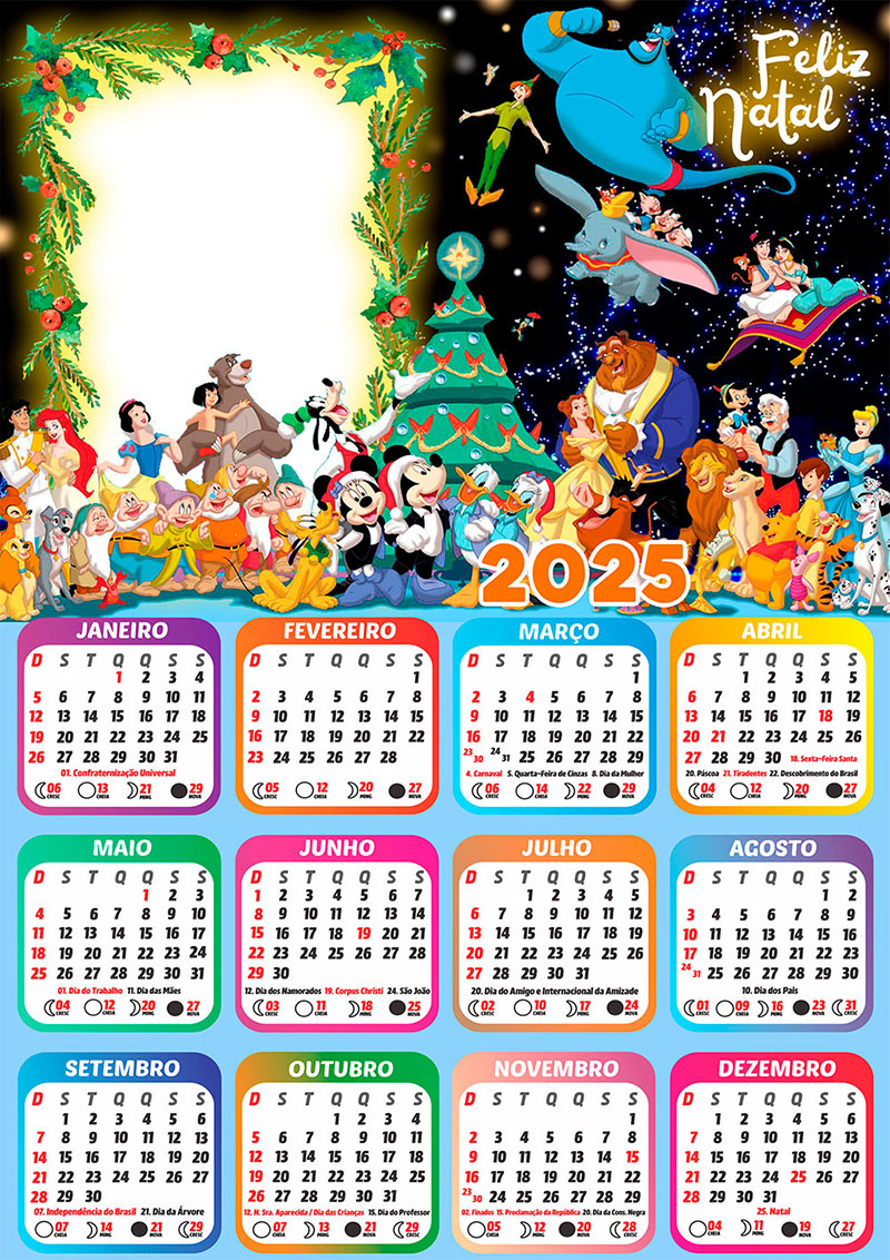 Calendário 2025 Feliz Natal Disney Personagens Arte Digital | Calendário do Carnaval 2025