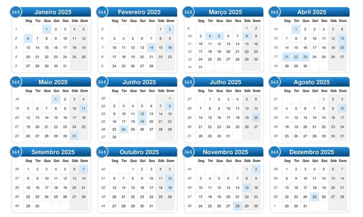 Calendário de 2025 com Feriados Nacionais