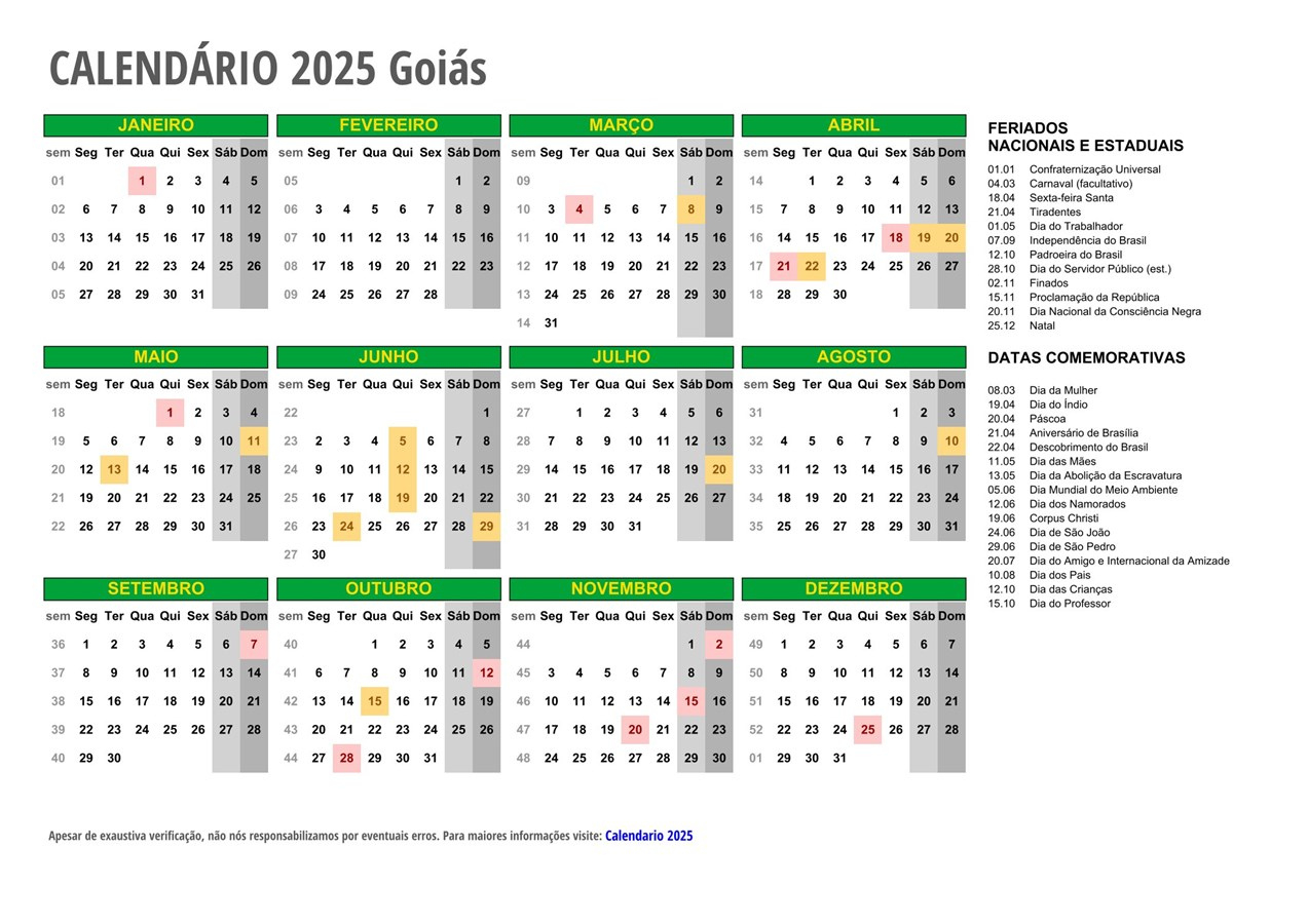 Calendário 2025 Goiás - Com Feriados | Calendário Escolar Goiás 2025