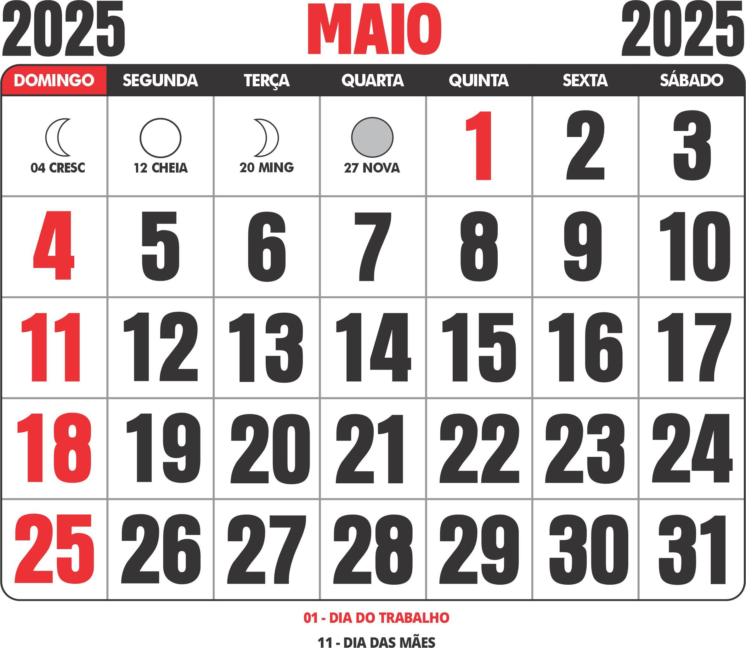 Calendário 2025 Maio Para Imprimir - Imagem Legal | Calendário de Maio 2025