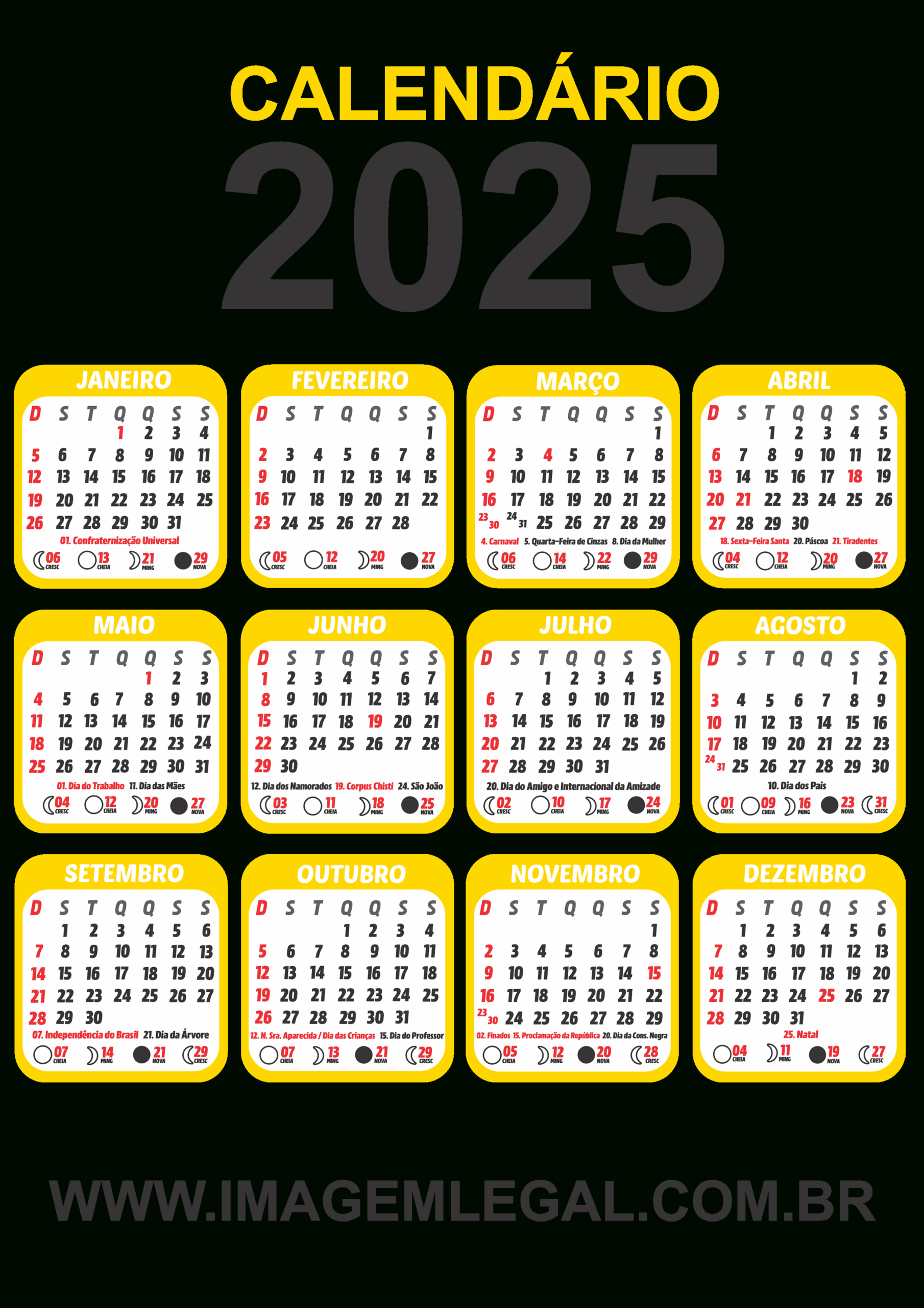 Calendário 2025 Ouro Com Fases Da Lua - Imagem Legal | Calendário 2025 com As Luas