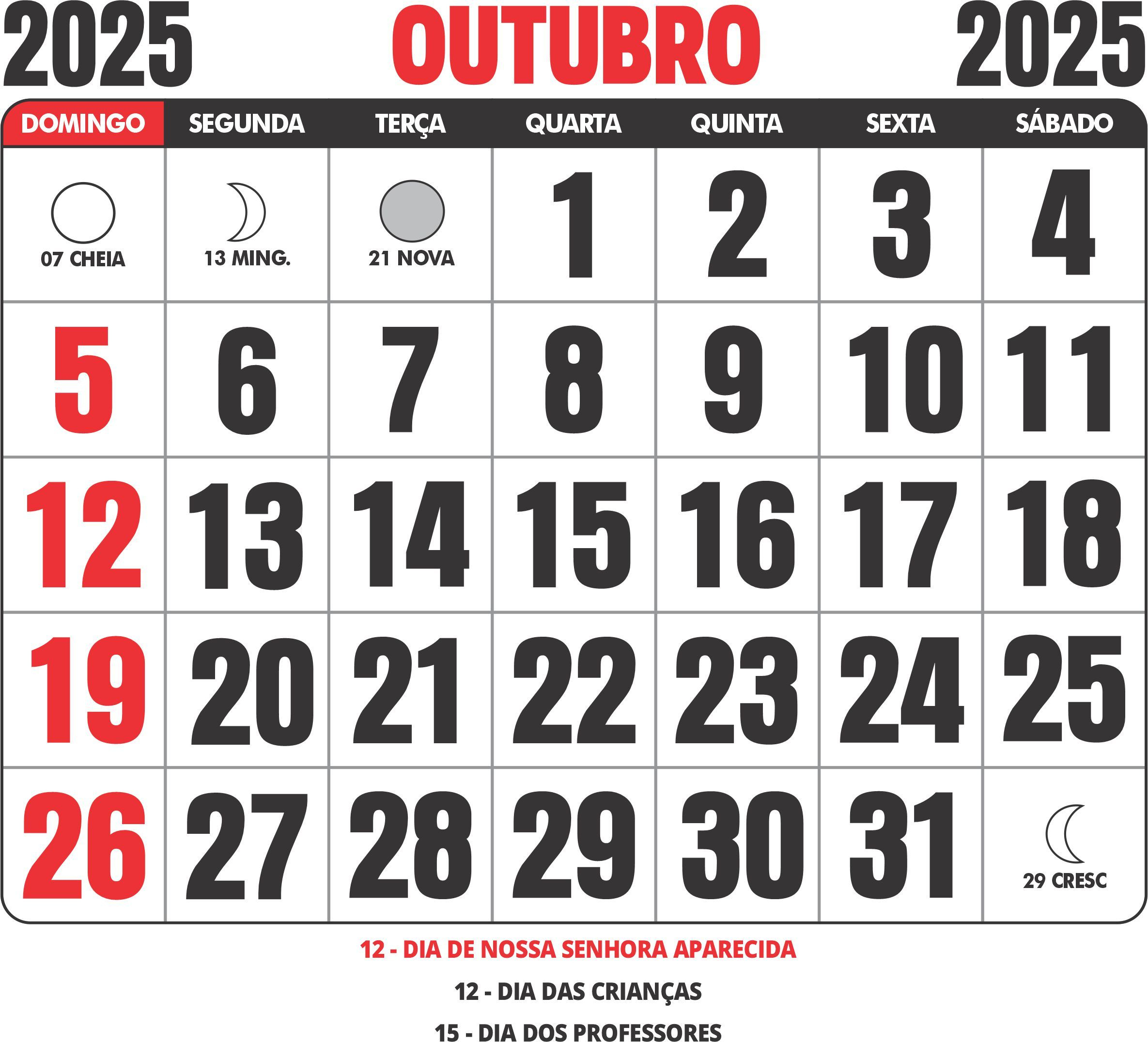 Calendário 2025 Outubro Para Imprimir - Imagem Legal | 12 de Outubro de 2025 Calendário