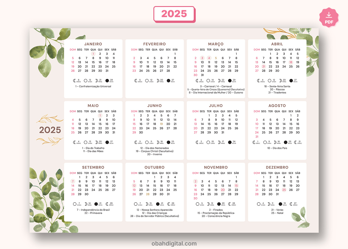 Calendário 2025 Para Imprimir A4 | Calendário 2025 Brasil Com Feriados Para Imprimir