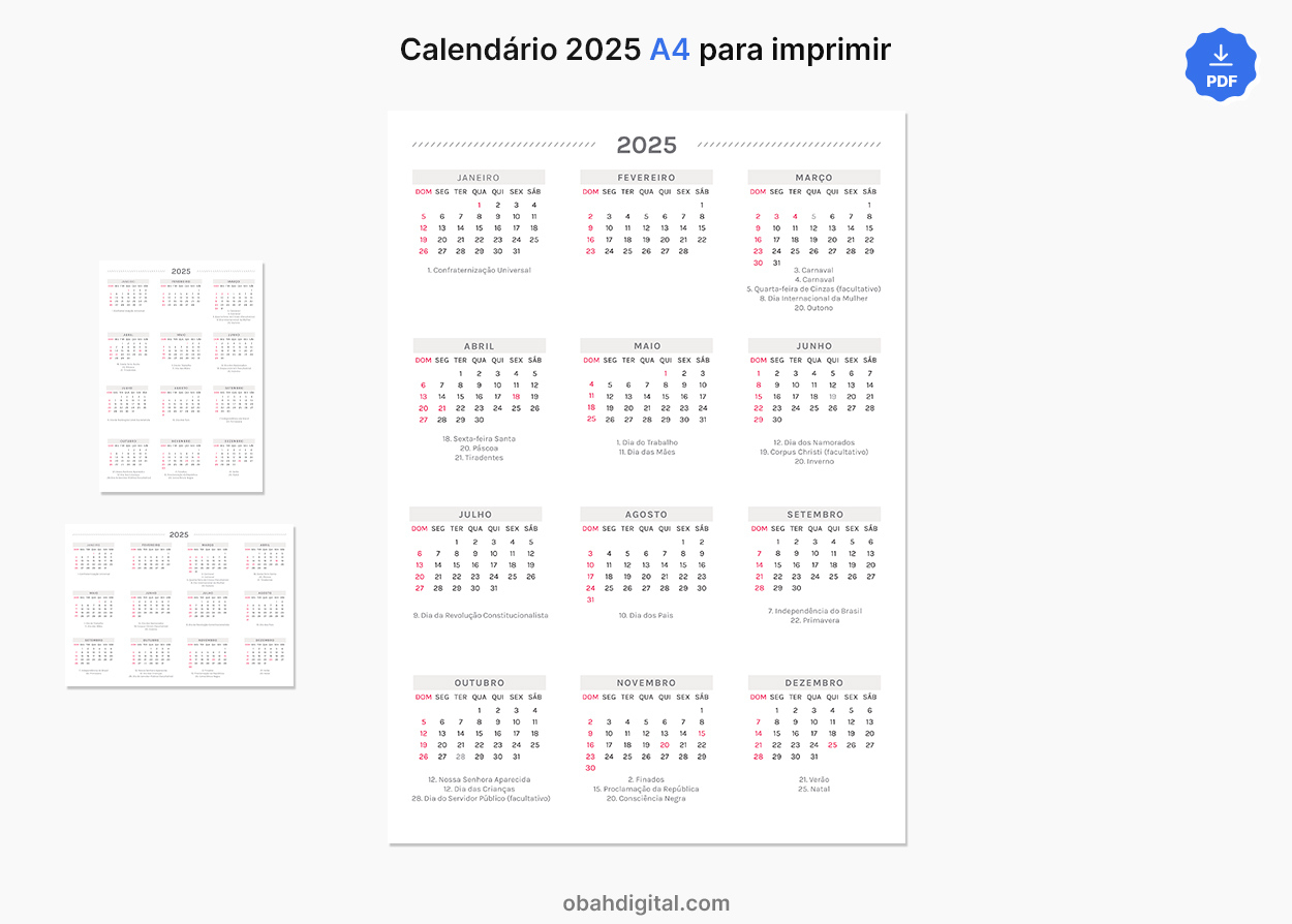 Calendário 2025 Para Imprimir A4 | Calendário 2025 para Imprimir Folha A4