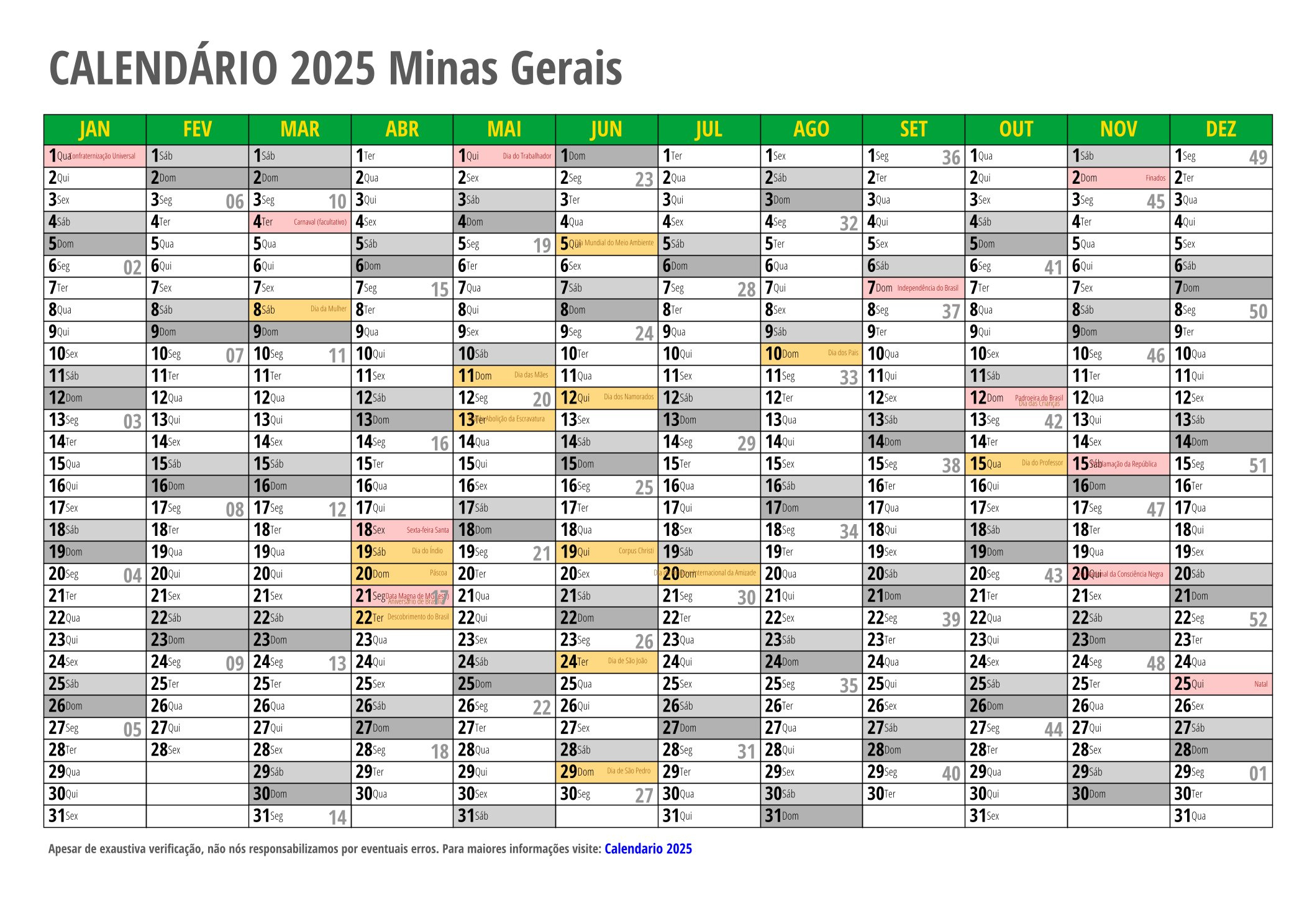 Calendário 2025 Para Imprimir Com Feriados | Calendário 2025 Belo Horizonte