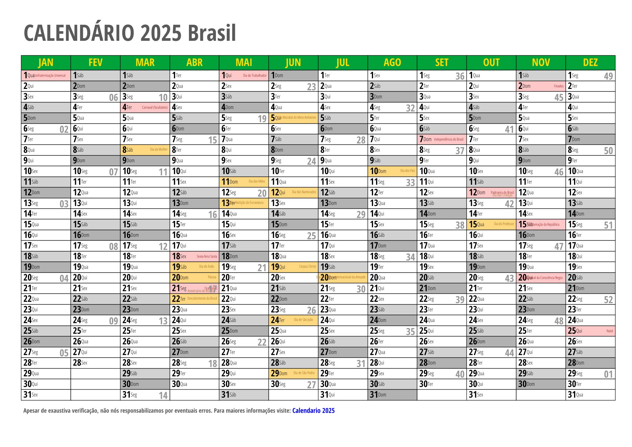 Calendário 2025 Para Imprimir Com Feriados | Calendário 2025 Brasil Com Feriados Para Imprimir