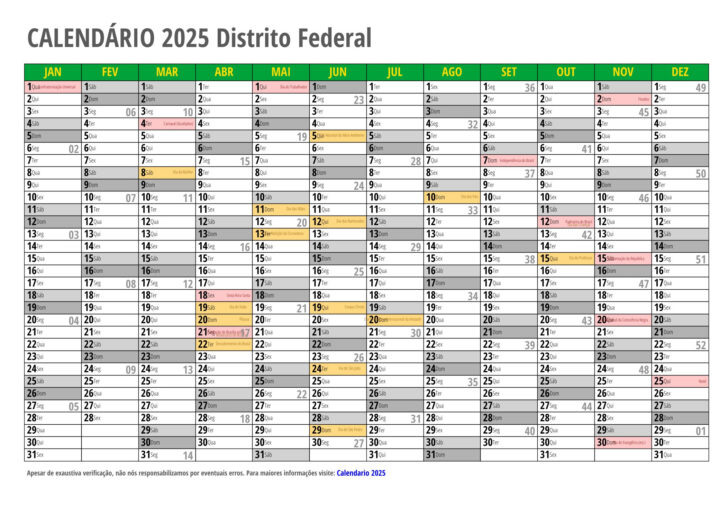 Calendário 2025 com Feriados Df