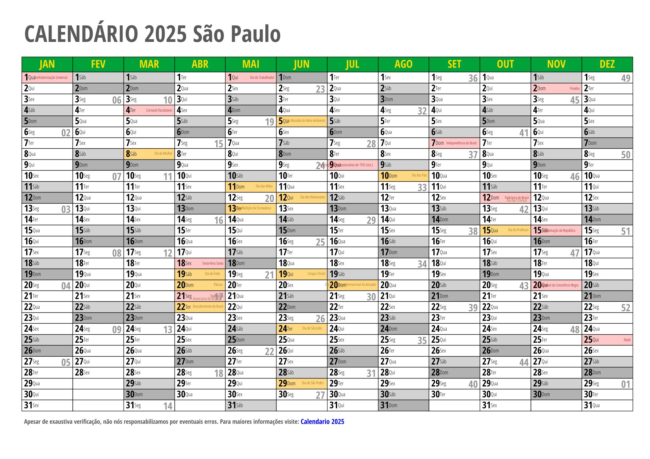 Calendário 2025 Para Imprimir Com Feriados | Calendário 2025 com Feriados e Datas Comemorativas