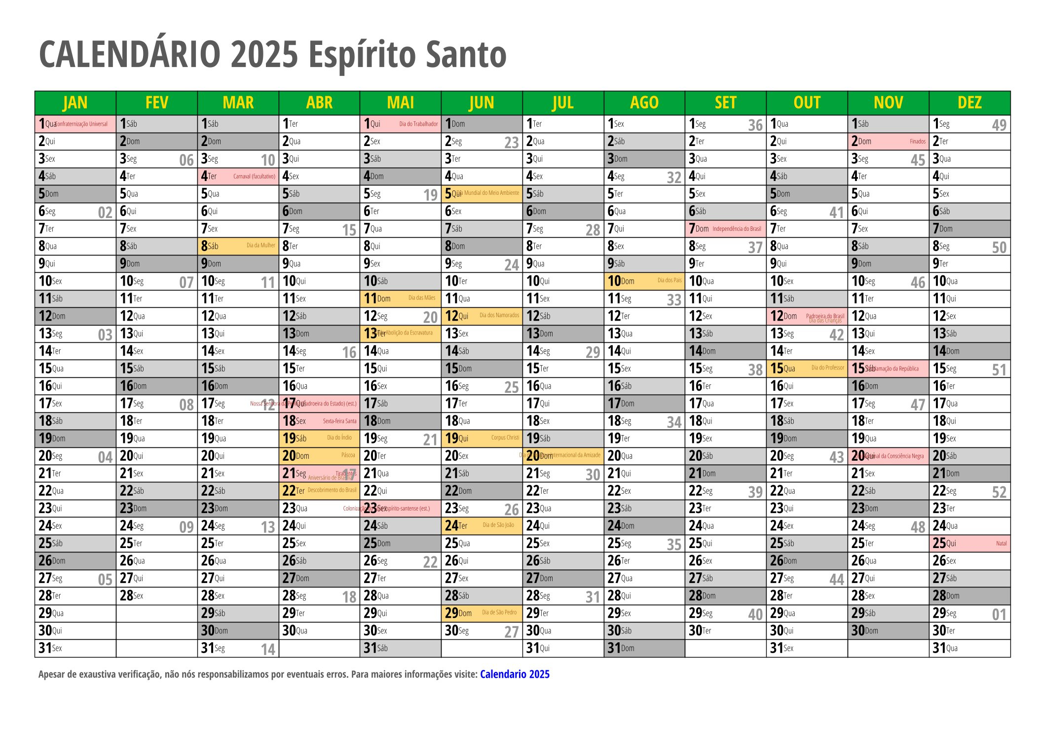 Calendário 2025 Para Imprimir Com Feriados | Calendário 2025 Com Feriados Espirito Santo