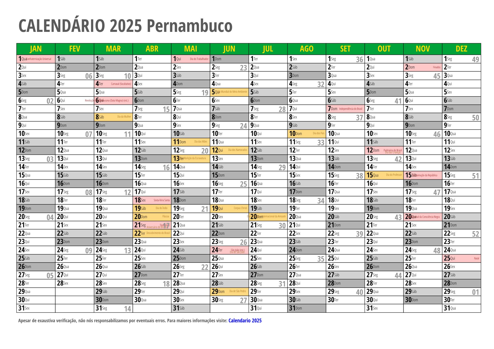 Calendário 2025 Para Imprimir Com Feriados | Calendário 2025 Com Feriados Recife