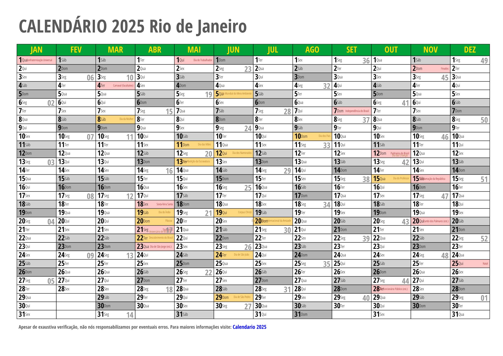 Calendário 2025 Para Imprimir Com Feriados | Calendário 2025 Com Feriados Rio De Janeiro