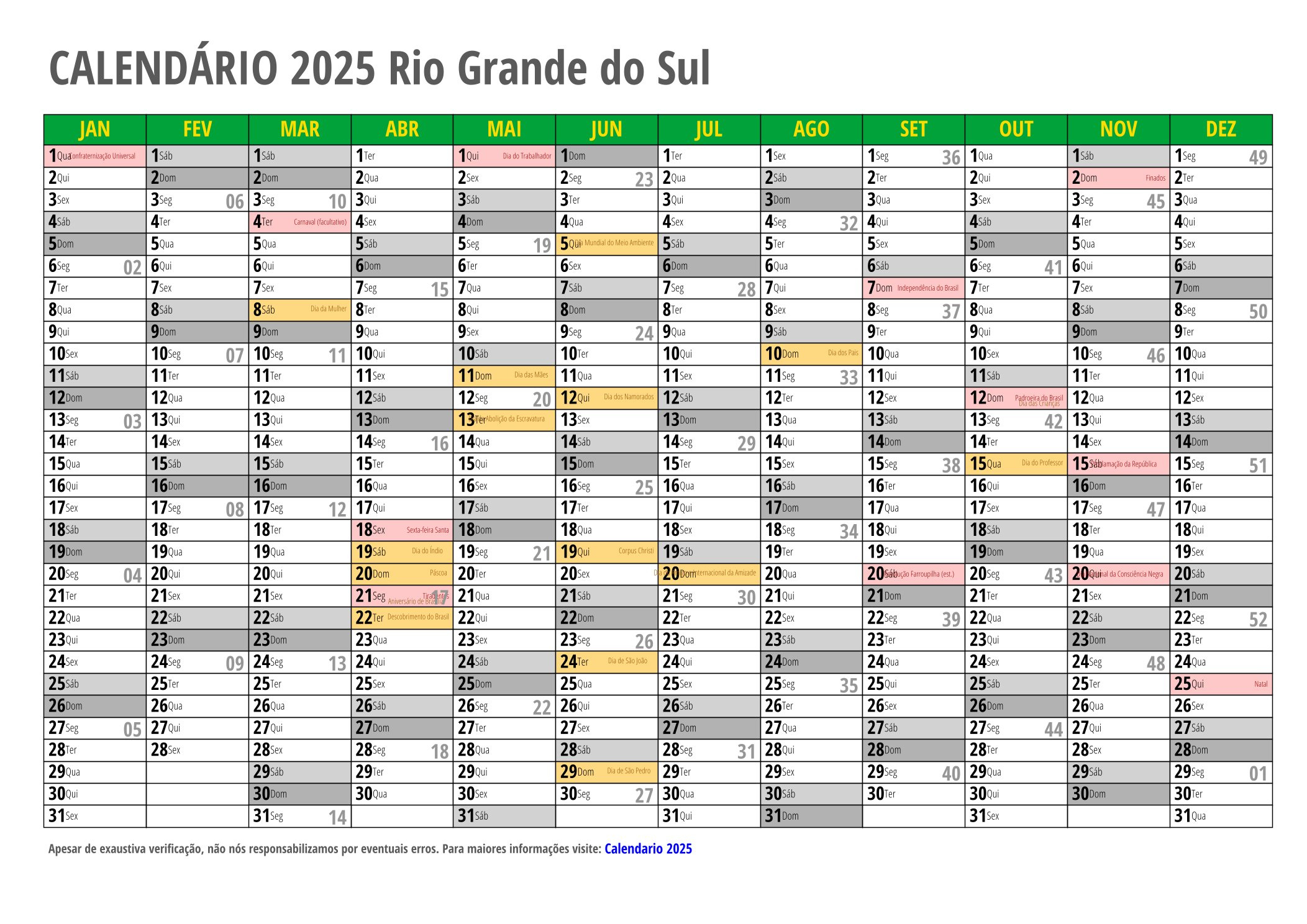 Calendário 2025 Para Imprimir Com Feriados | Calendário 2025 Com Feriados Rio Grande Do Sul