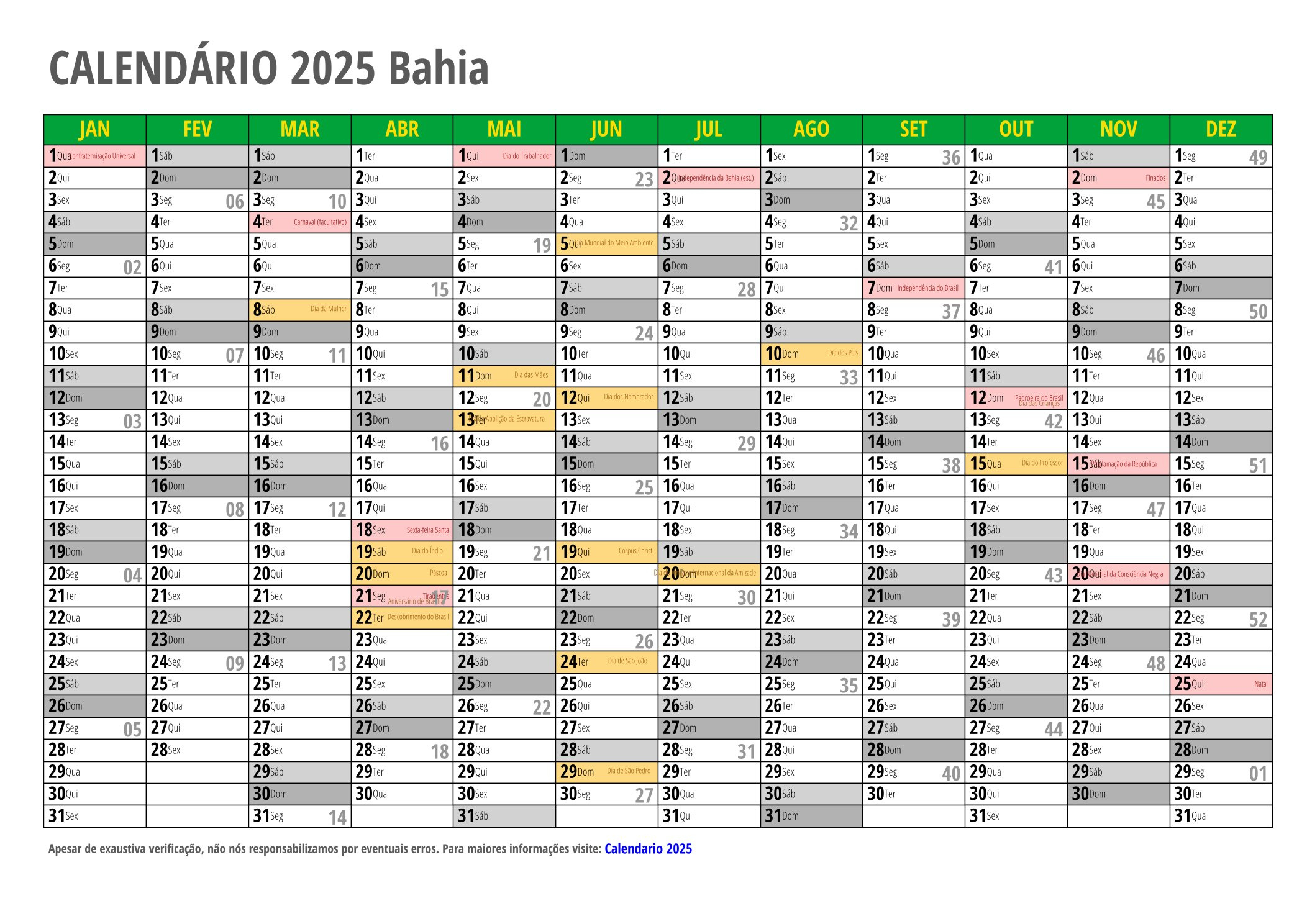 Calendário 2025 Para Imprimir Com Feriados | Calendário 2025 com Feriados Salvador