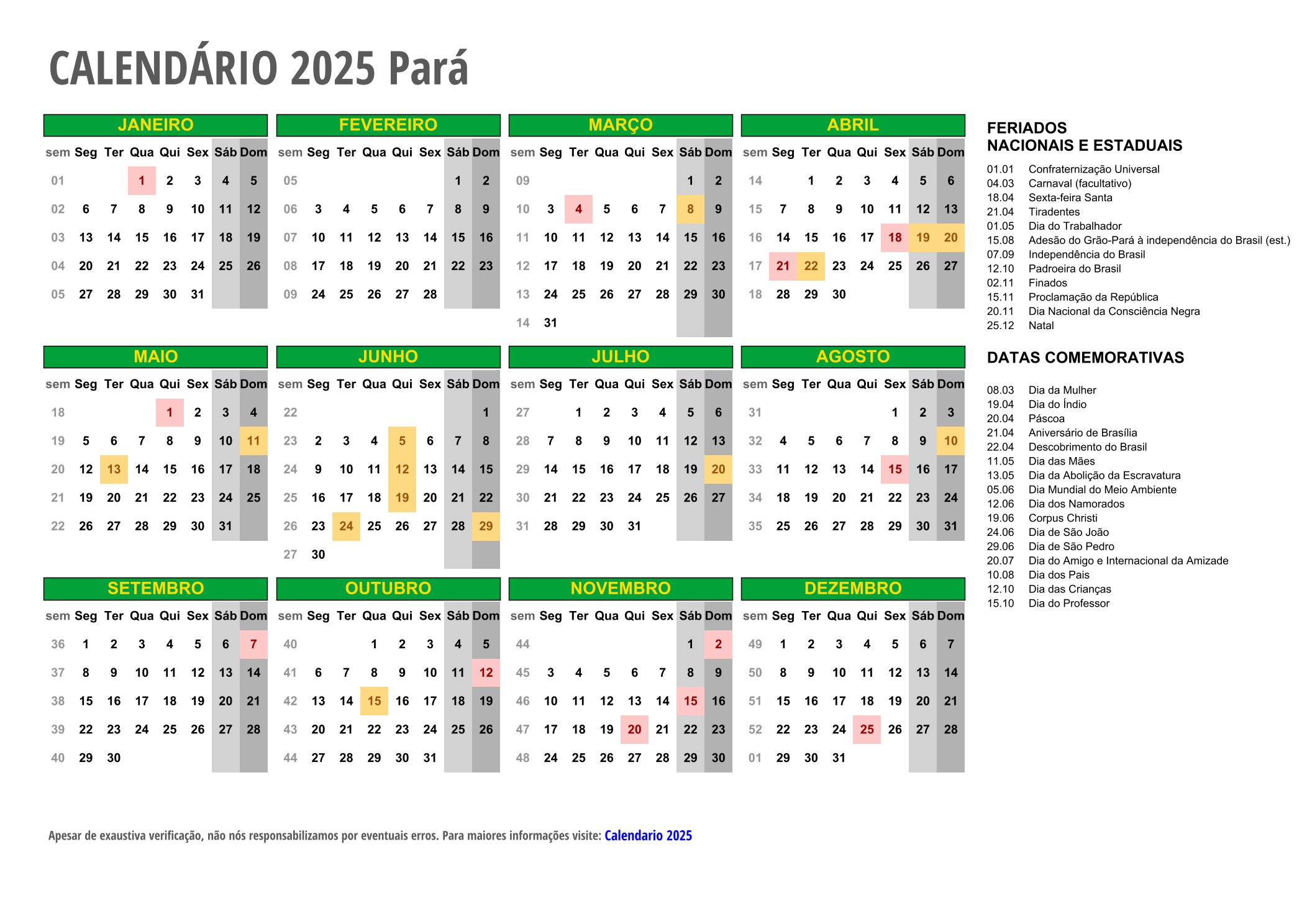 Calendário 2025 Para Imprimir Com Feriados | Calendário 2025 Para Impressão