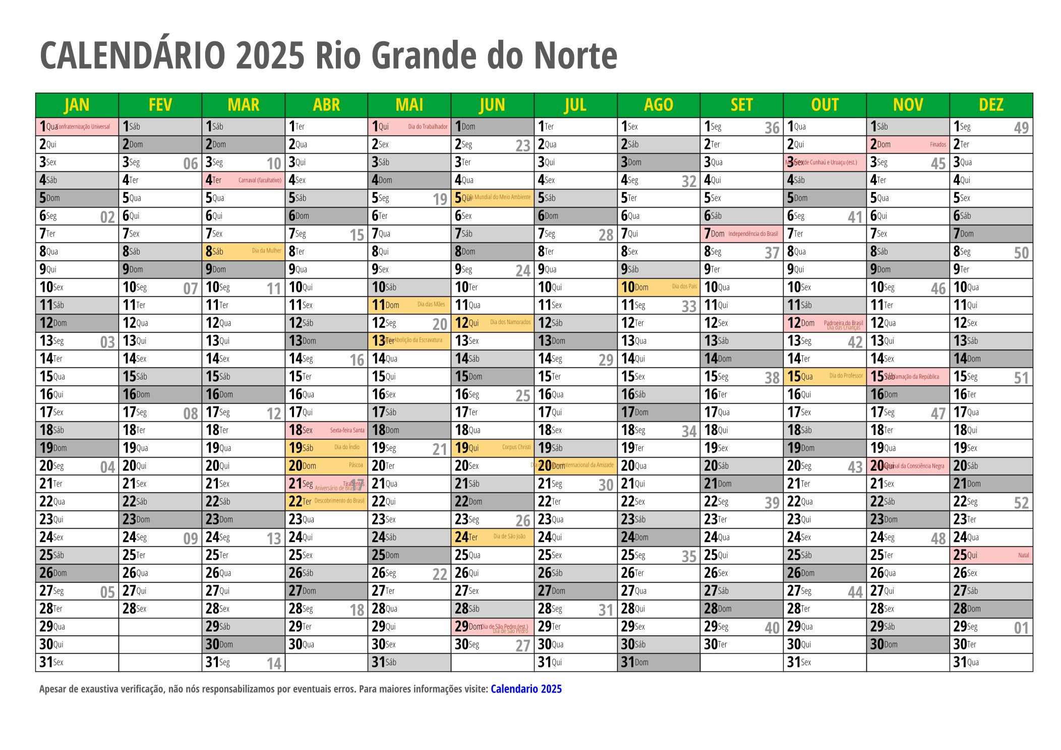 Calendário 2025 Para Imprimir Com Feriados | Calendário 2025 Rio Grande do Norte