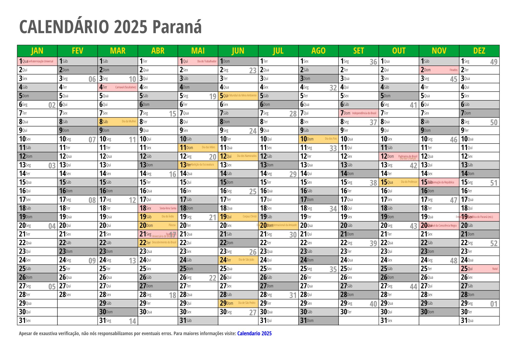 Calendário 2025 Para Imprimir Com Feriados | Calendário Escolar 2025 Curitiba